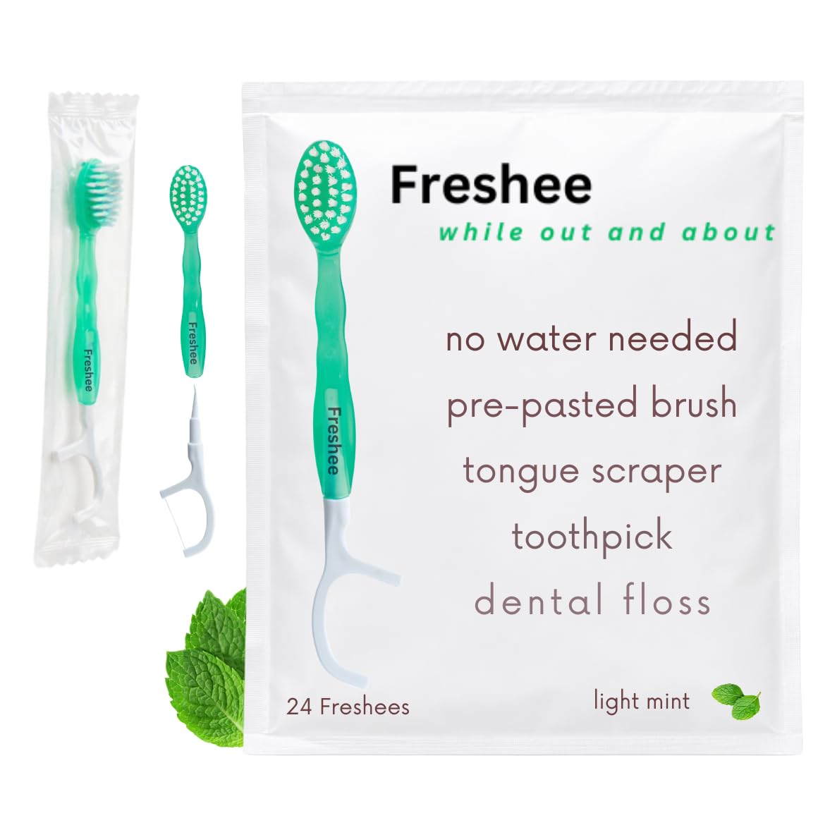 Freshee Disposable Toothbrushes with Toothpaste – 5 in 1 Mini Toothbrush with Floss, Pick, Tongue Scraper | No Water Needed | Individually Wrapped | Prepasted Travel Toothbrush | Extra Mint | Bead