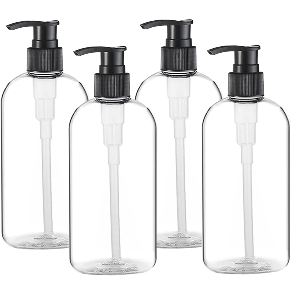Empty Plastic Pump Bottles Dispenser 4 Pack 16oz/500ml Portable Clear BPA-Free Cylinder Shampoo Lotion Hand Pump Bottle Durable Refillable Containers