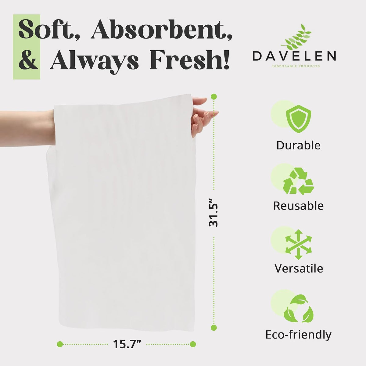 DAVELEN Disposable Large Luxury Towels (50-Count) Spa and Salon Quality Softness for Guests, Clients | Hair, Face, Body Use | Luxurious Comfort, Ecofriendly (050, 32x16 inches)