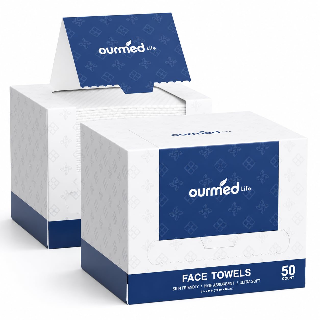 Ourmed Life Disposable Face Towels, Ultra Soft & Absorbent, XL, 50 Count | Sensitive Skin Friendly, Skin Soothing, Redness Care, Biodegradable, Facial Towels for Makeup Removal & Cleansing, 9" x 11"