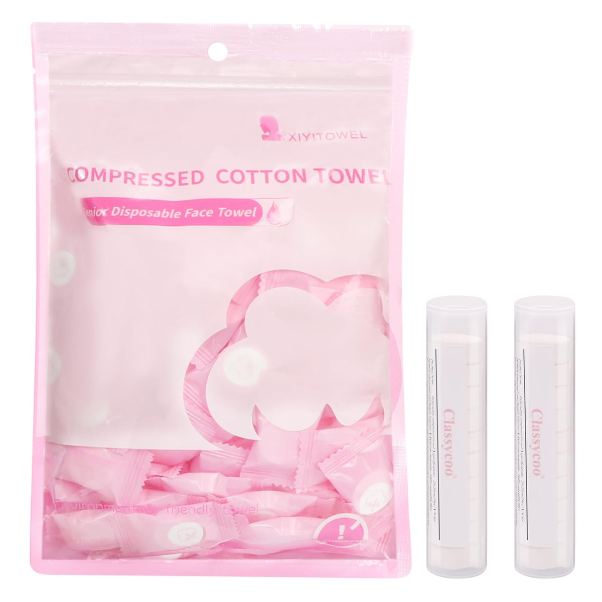 Classycoo Compressed Towels Tablets - Face Towels Disposable, Mini 100 Pack | Soft Individually Wrapped, Cotton, Expands in Seconds, Candy-Shaped, NO-Odor, Facial Washcloths Cleaning/Travel/Camping, Pink