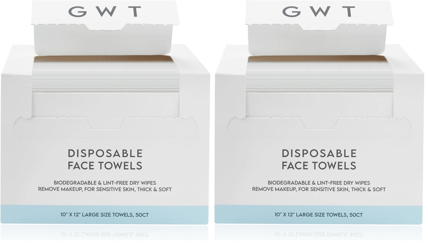 GWT XL Disposable Fragrance-Free Face Towels, 50 Count, 1 Pack | Lint-free, Makeup remover & cleanser, Biodegradable, Dry Wipes, Wet or Dry Use, Sensitive Skin