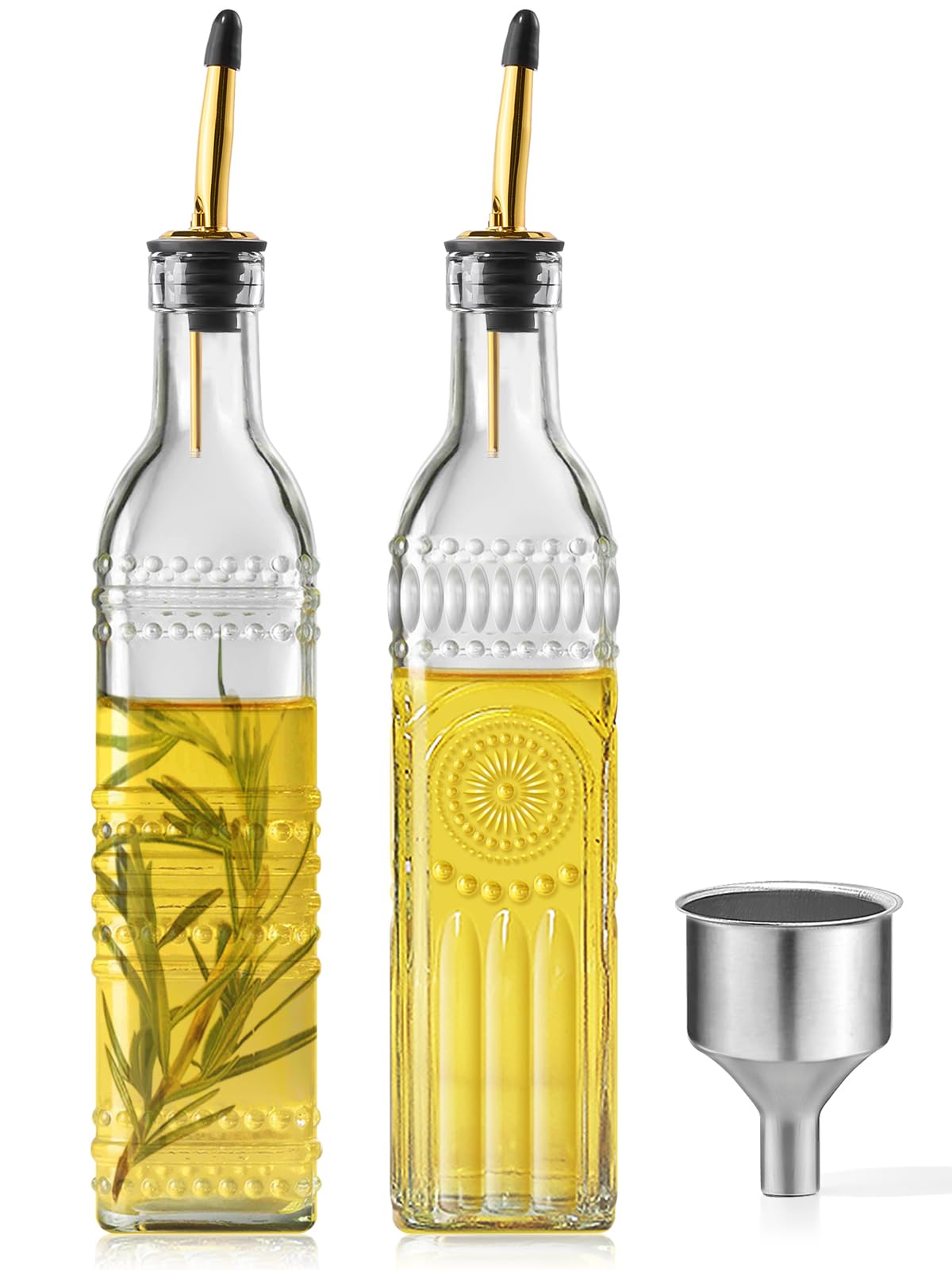 2 Pcs Olive Oil Dispenser Bottle for Kitchen,17oz Clear Glass Cooking Oil and Vinegar Dispenser Set, Coffee Syrup Dispenser with 2 Pourers and 1 Funnel (Two squares)
