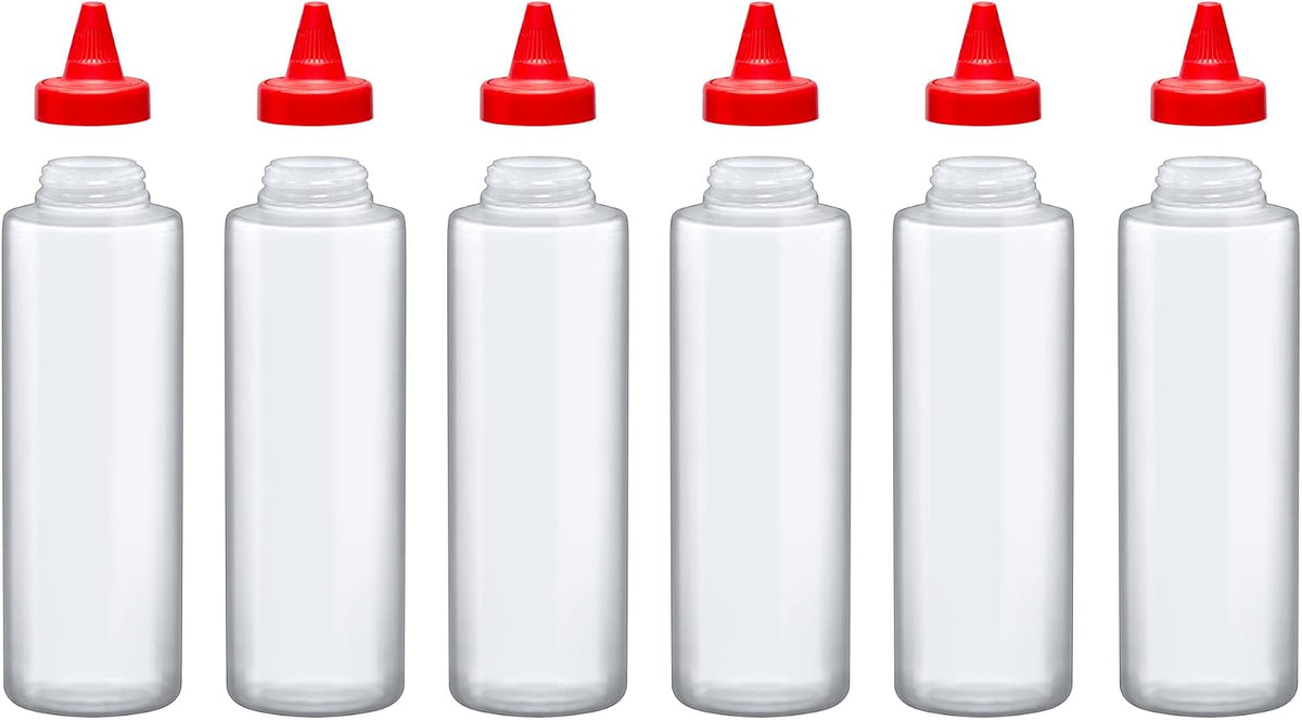 Amazing Abby 16-Ounce Plastic Squeeze Bottles (Set of 6), Reusable Condiment Bottles, BFA-Free, Dishwasher-Safe, Perfect for Ketchup, Mustard, Mayonnaise, Sauces, Condiments, Dressings, and More