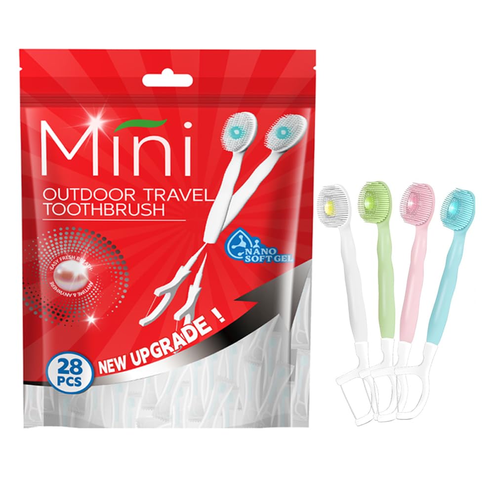 28 Packs Mini Brushes Disposable Toothbrushes, Mix Flover | with Toothpaste, Floss, Pick, Tongue Scraper, Travel Size Business Trip Individually Wrapped