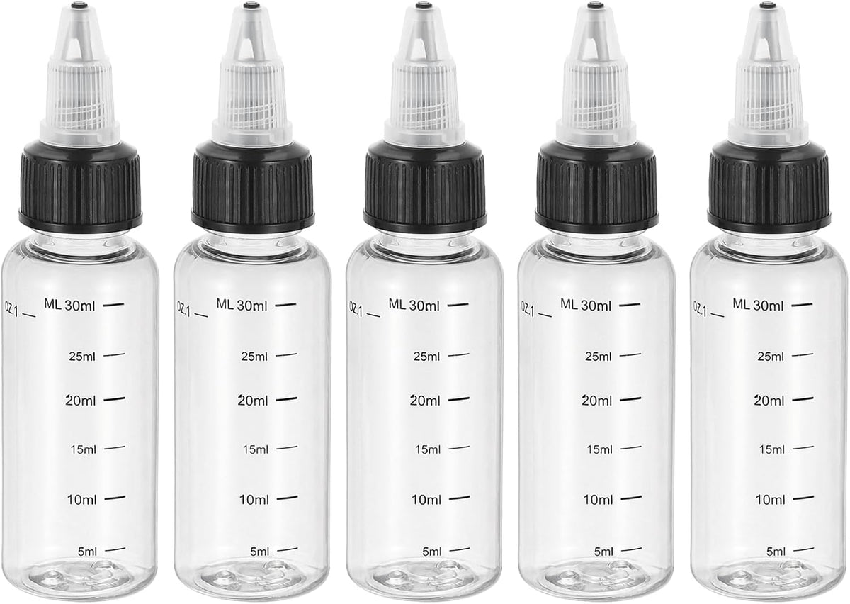 PATIKIL 1oz(30ml) Plastic Dispensing Bottle, 5Pcs Squeeze Graduated Empty Bottles with Black Twist Cap for Liquids, Inks, Oils, Sauces, Arts and Crafts, Transparent
