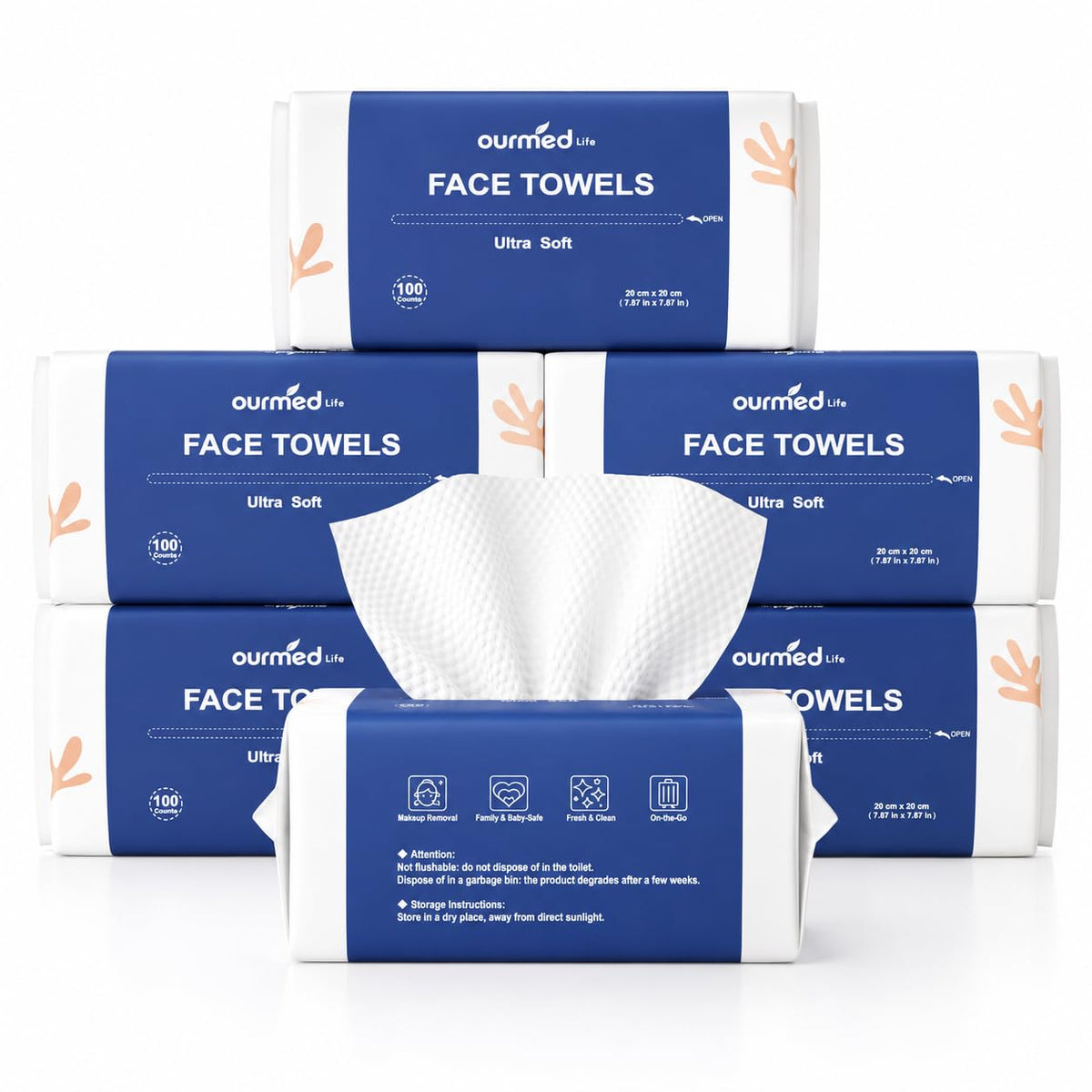 Ourmed Life Clean Face Towels Disposable, Ultra Soft & Absorbent, 300 Ct | Lint-Free, Sensitive Skin Friendly, Biodegradable, Skincare, Makeup Remover Dry Wipes, Facial Towels for Women Cleansing