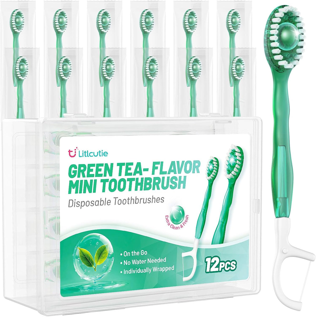 12 Pack 5 in 1 Mini Disposable Toothbrush Kit, Green Tea Flavor | Individually Wrapped, Built-in Toothpaste, Floss, Tooth Pick, Tongue Scraper, Portable for Kids Adults