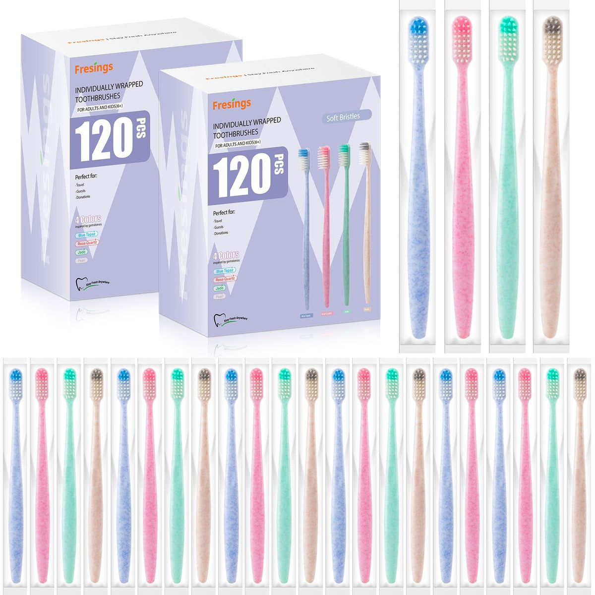 Bulk Disposable Toothbrushes, Individually Wrapped, 48 Count | Soft bristle toothbrushes, full-size handles, 4 colors; ideal for adults, kids, guests, hotels, travel, camping, hygiene kits