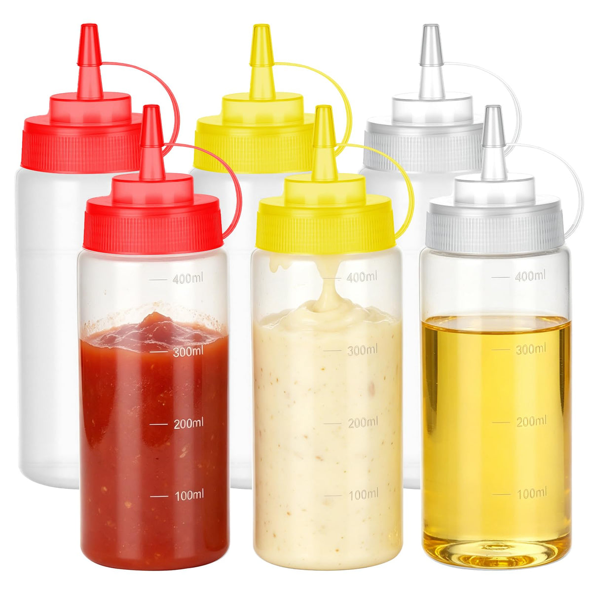 6 Pack Condiment Squeeze Bottles, 16 oz Wide Mouth Squeeze Bottles Set with 3-Color Top Cap Leak Proof, BPA Free Refillable Plastic Squirt Bottles for Sauces, Dressing, Oils, BBQ & Crafts