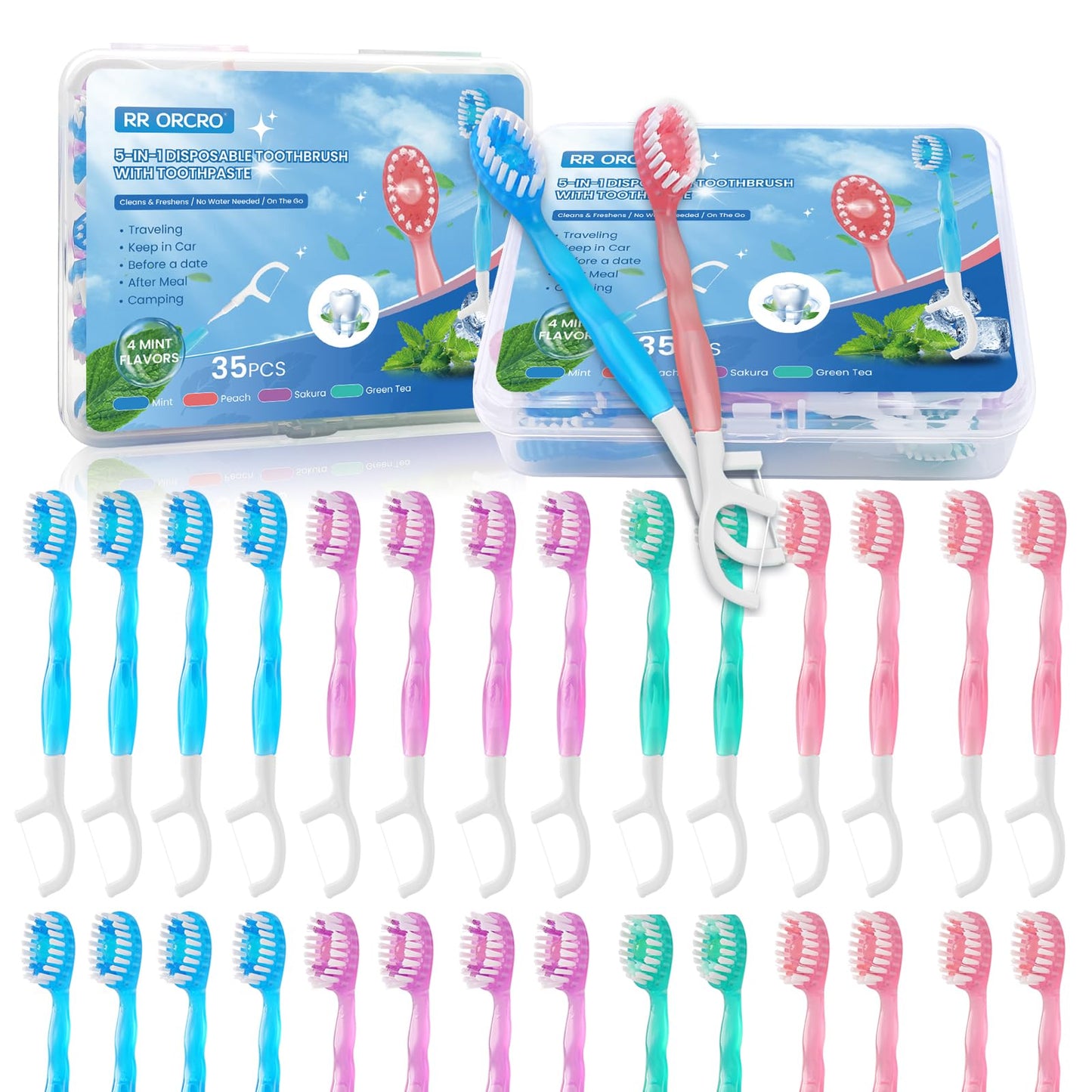 70Pack 5-In-1 Mini Disposable Toothbrushes with Toothpaste, No Rinsing | Prepasted Toothbrush with Pick Floss, Tongue Scraper, Waterless Single Use Brush for Travel Hotel Camping Flight