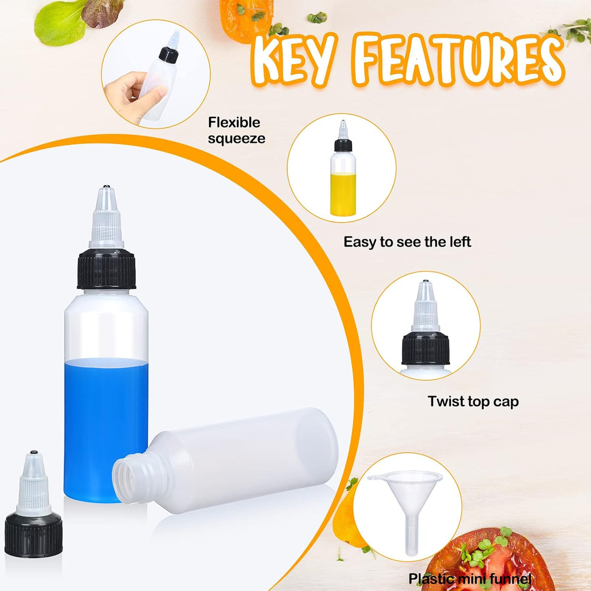 Honeydak 50 Pcs 2 oz Boston Dispensing Squeeze Bottles Empty Plastic Squeeze with Twist Cap Small Clear Bottle Round Bottles with 2 Funnels for Liquids Oils arts Kitchen Household(Black)