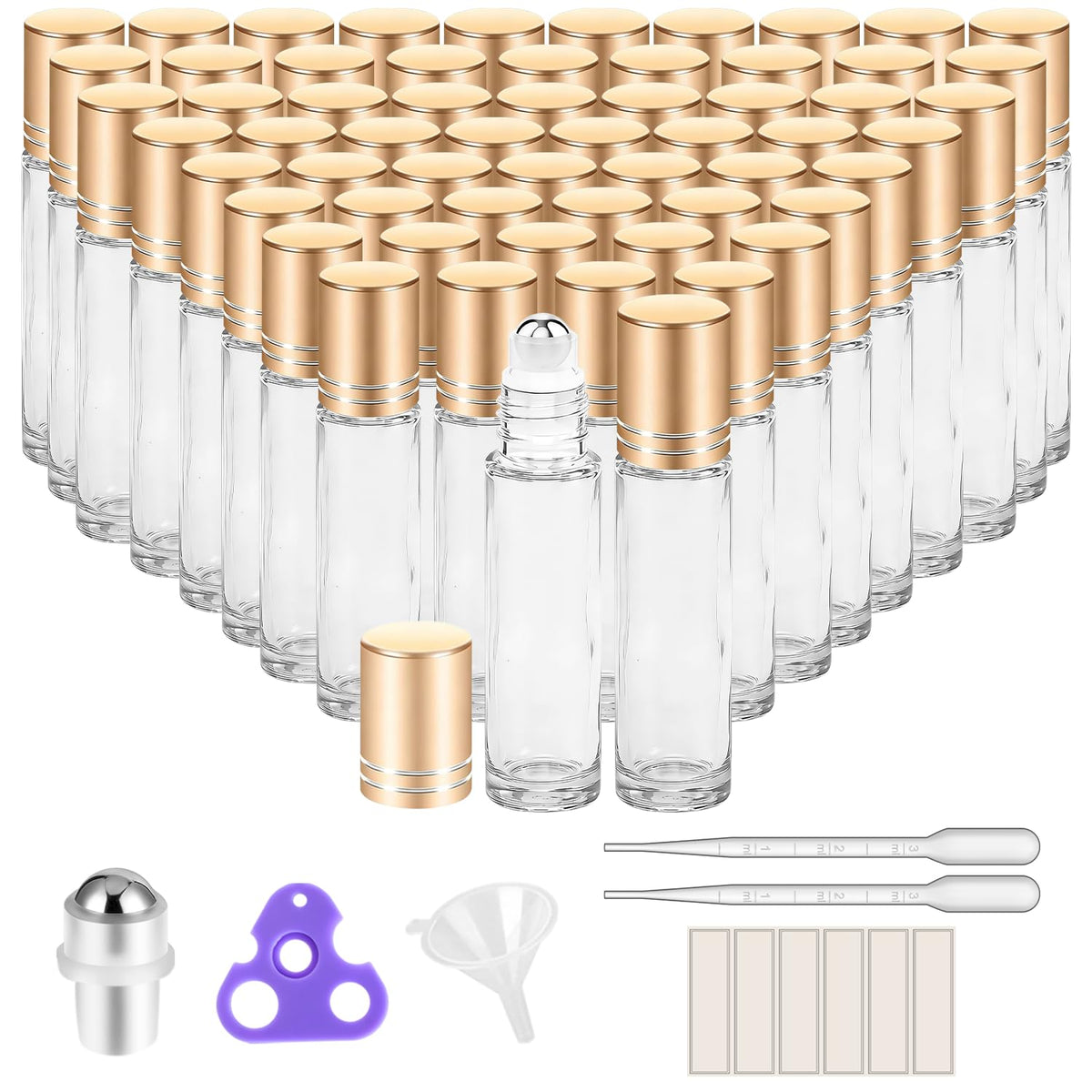 PrettyCare Set of 60, 10 ml Essential Oil Roller Bottles with Stainless Steel Roller Ball - Bulk Refillable Leak-proof Empty Clear Glass Roll on Bottles with Silver Metal Caps for Travel, Perfume