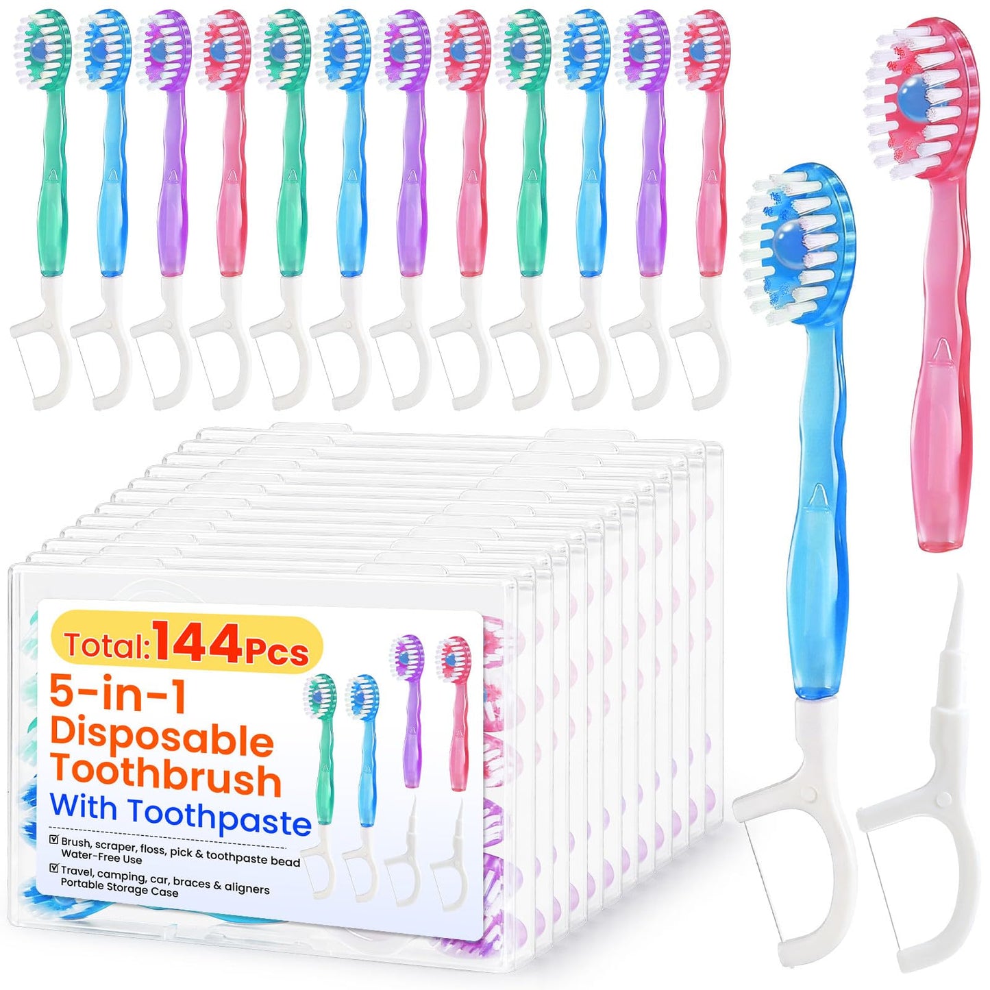 36 Pack 5-in-1 Mini Disposable Toothbrush, WaterlessToothbrushes (Mint) | Disposable Toothbrushes with Toothpaste, Floss, Tongue Scraper & Toothpick, Ideal for Travel, Work, Hotel