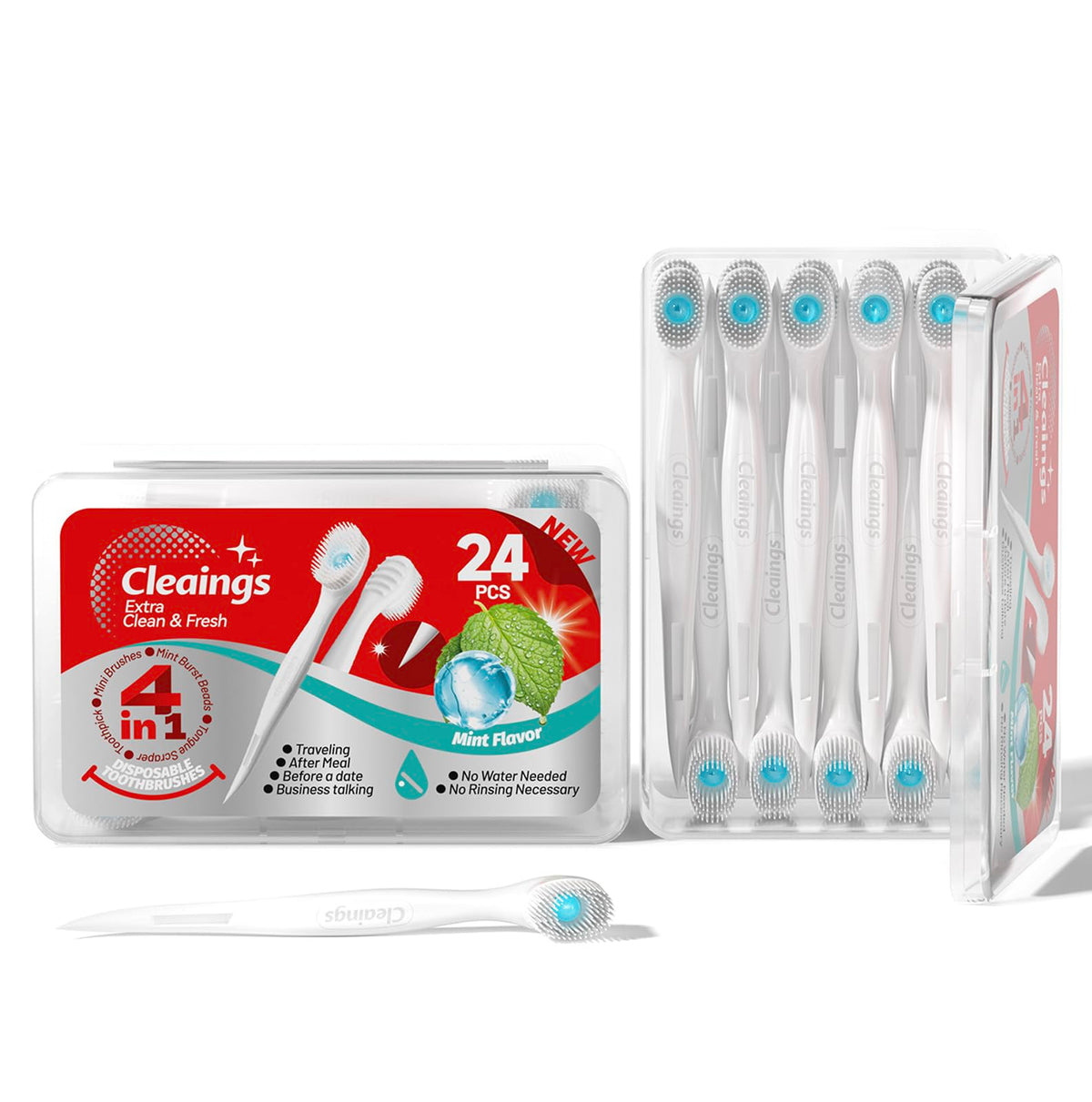 cleaings® 48 Pcs Disposable Mini Toothbrush - Pre-Pasted with Mint Toothpaste & Toothpick - Travel Size Toiletries - 2 Packs of 24 - Mint Flavor