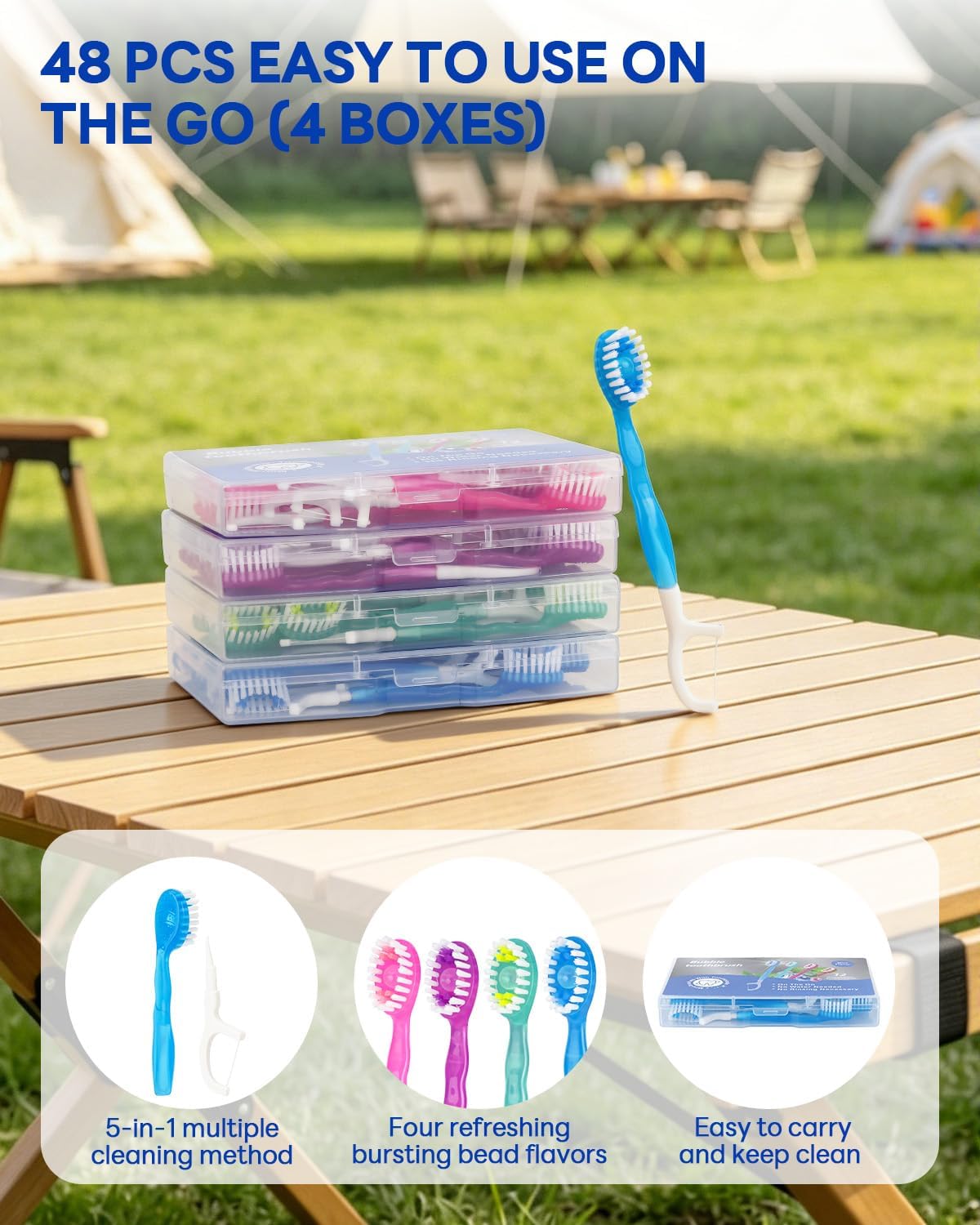 48 Pack Mini Disposable Toothbrushes, 5-in-1 Prepasted Travel Toothbrush with Toothpaste Beads, Floss, Tongue Scraper & Pick, 4 Flavors for Portable Oral Care during Travel, Camping, Office & Home