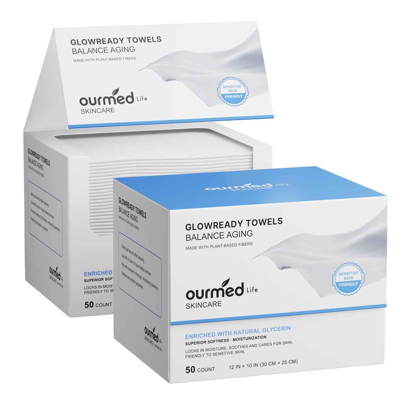 Ourmed Life Disposable Clean Healthy Aging Towels with Glycerin, 50 Count | Clinically Tested,Dry Wipes, Reduce Redness, Skin Soothing, Silky Soft, XL 10 x 12 In, For Mature Skin, Magnetic Closure