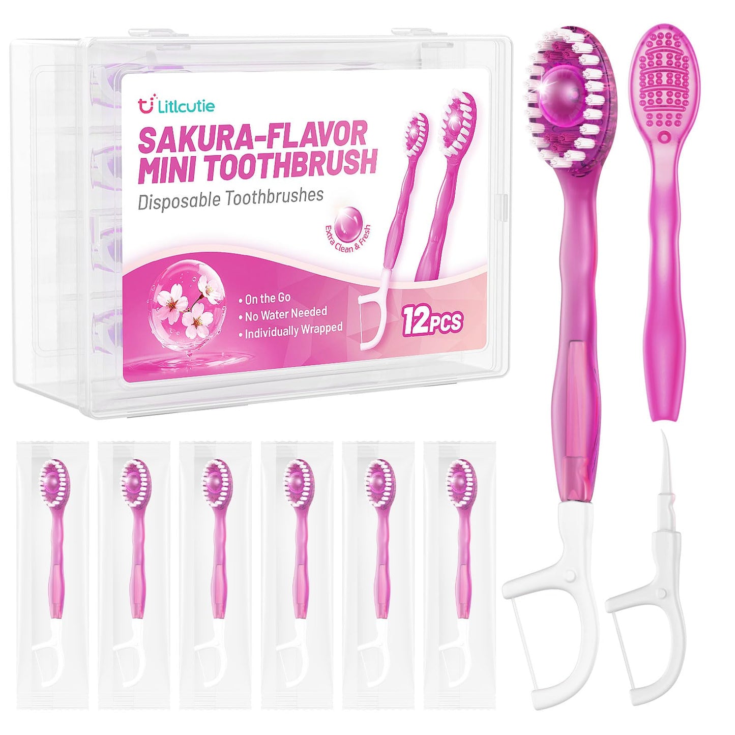 12 Pack 5 in 1 Mini Disposable Toothbrush Kit, Green Tea Flavor | Individually Wrapped, Built-in Toothpaste, Floss, Tooth Pick, Tongue Scraper, Portable for Kids Adults