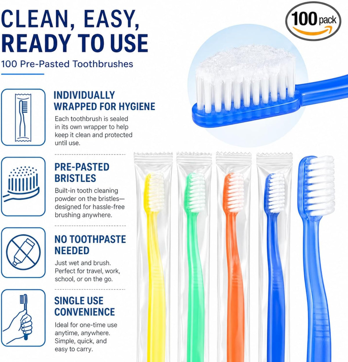 Ziliny 400 Prepasted Disposable Toothbrushes Bulk Individually Wrapped | Prepasted Disposable Toothbrush,Soft Bristle,Travel, Colorful Toothbrush, for Homeless Gift, Hotel Camping Travel