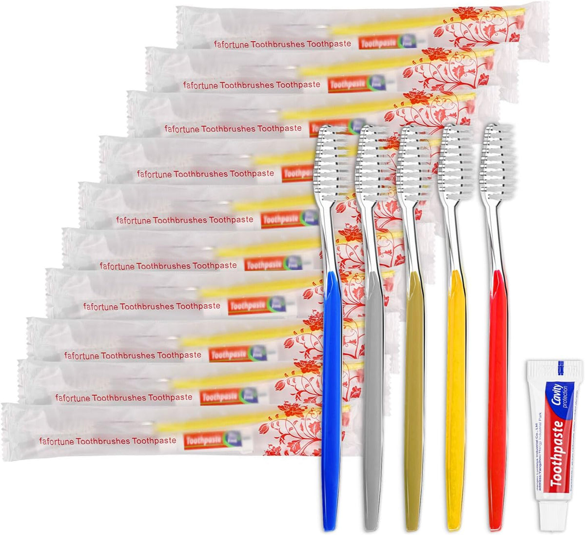 50 Disposable Toothbrushes with Toothpaste Individually Wrapped 5 Colors | Bulk Toothbrush and Toothpaste for Homeless Travel Shelter Air Bnb Hotel Guest