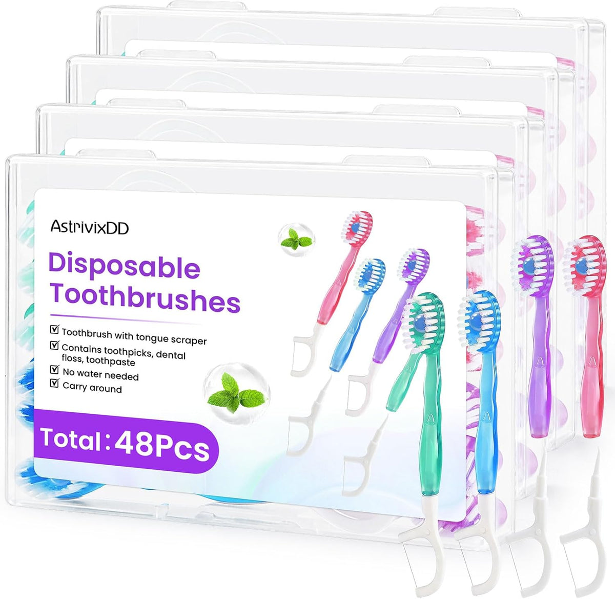 48 Pack 5-in-1 Mini Toothbrush Disposable, Prepasted Toothbrushes | Waterless Disposable Toothbrushes with Toothpaste, Floss, Tongue Scraper & Toothpick, for Travel, Hotel, Camping