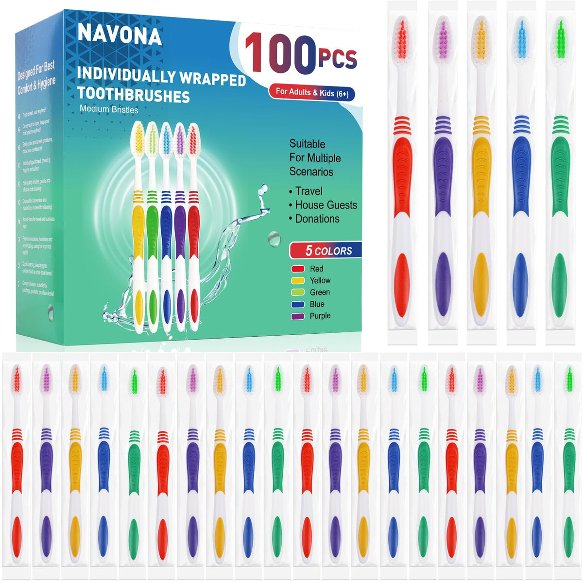 30 PCS Disposable Toothbrushes Pack, Bulk Toothbrush Individually Wrapped | Medium Soft Bristle Toothbrush, Kids Toothbrushes, Ergonomics Handle, Perfect for Travel Hotel Donation