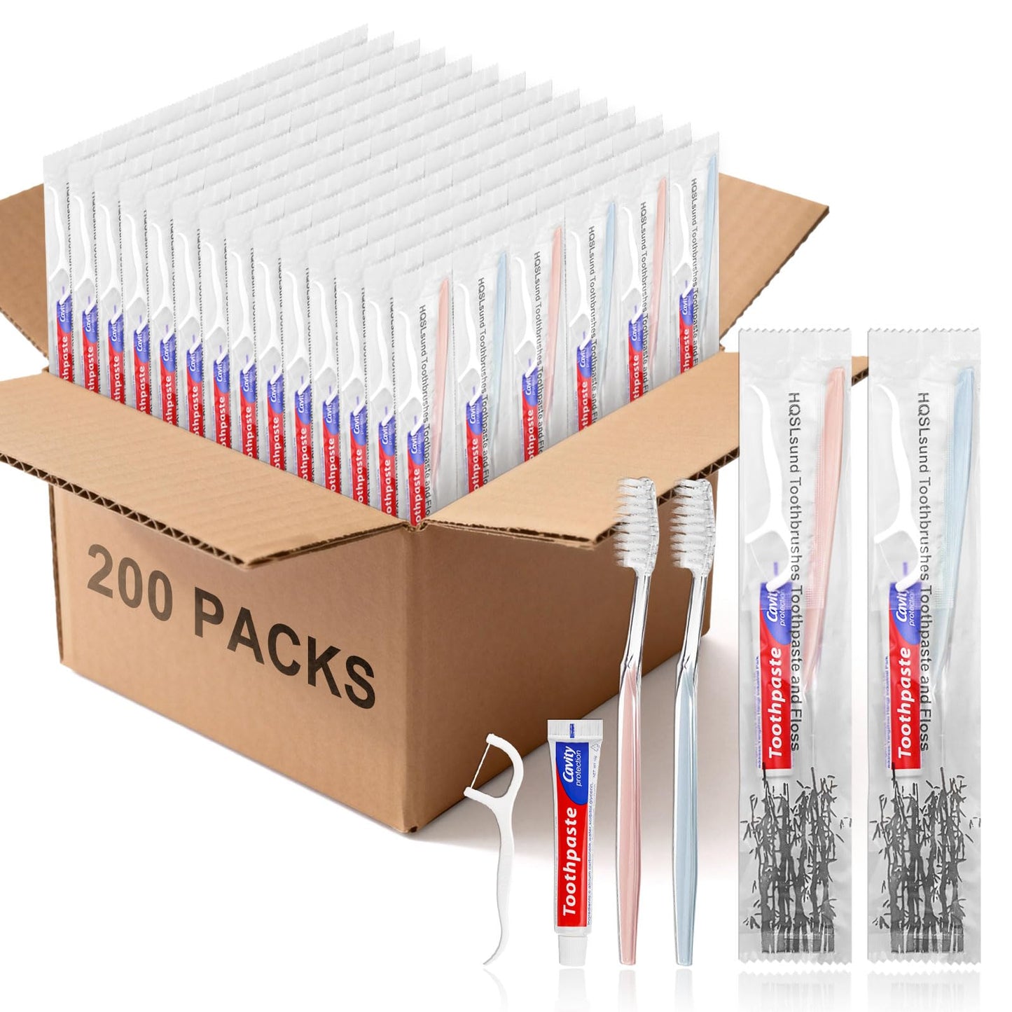 200pcs Disposable Toothbrushes with Toothpaste Floss, 2 Colors | Individually Wrapped, Disposable Toothbrush, 10g Toothpaste, Floss Pick, Bulk Toothbrush Kit for Homeless, Airbnb, Hotel