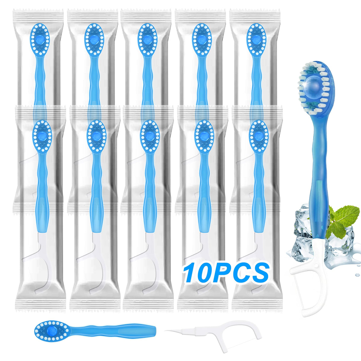 10 Pack 5-in-1 Disposable Toothbrushes with Toothpaste, Mint Flavor | Built-in Floss, Toothpick & Tongue Scraper, Individually Wrapped Mini Toothbrush Set for Travel, Camping & Daily Work Use