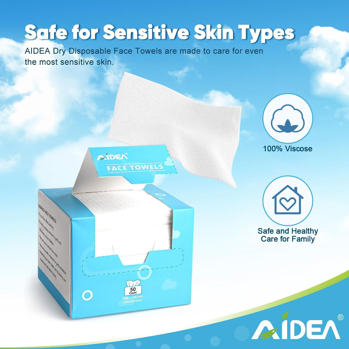 AIDEA Face Towels Disposable-100Ct (2 Box), Face Cloths for Sensitive Skin | Clean Facial Towelettes, Facial Cleansing Wipes for Makeup Removing, Nursing, Travel, Dry Wipes