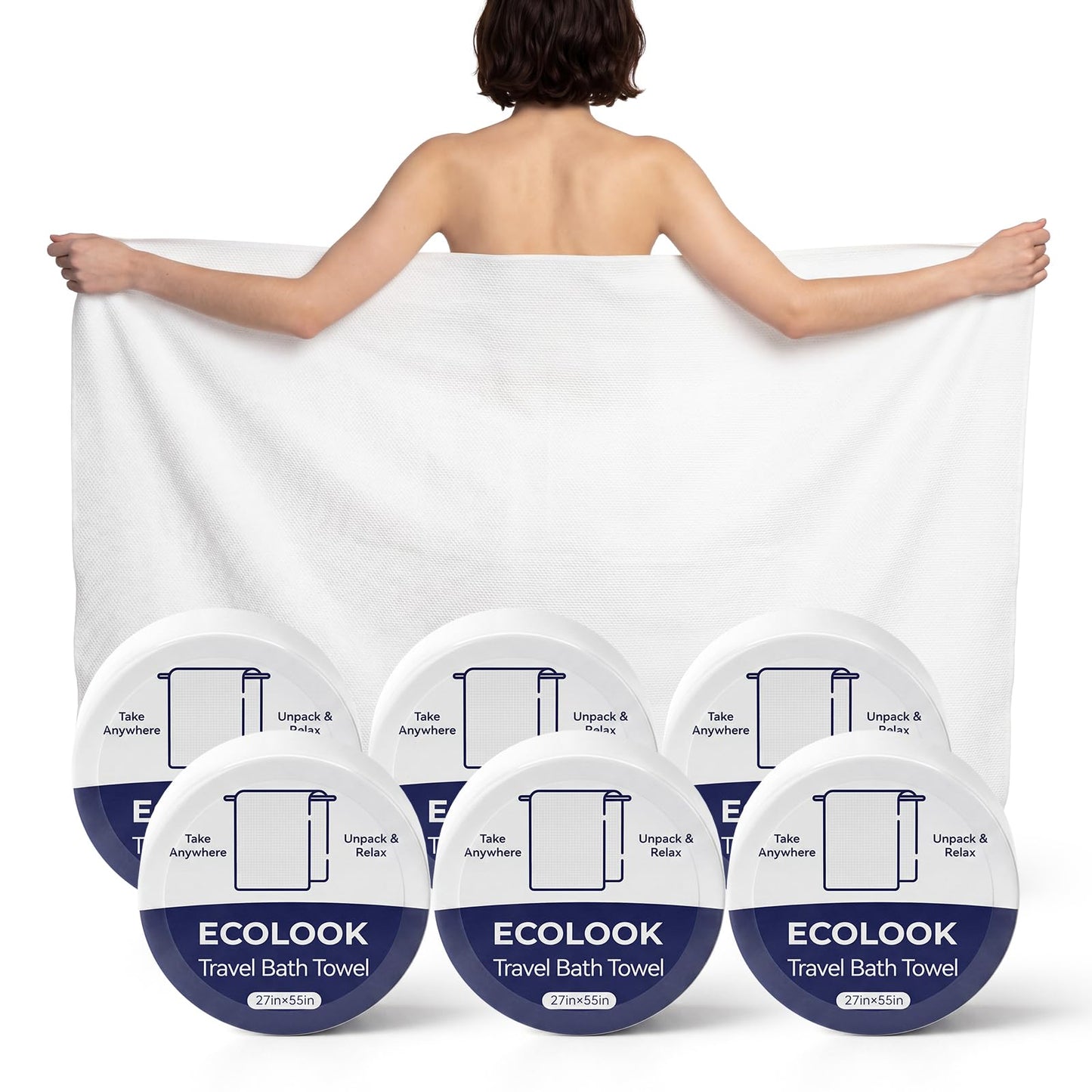 ecolook Compressed Disposable Bath Towels, 31 x 63 Inch 90GSM Ultra Thick Soft Travel Towel, Reusable Plant Fiber Towels for Camping Beach Swimming Hotel & Daily Use - 6 Pack