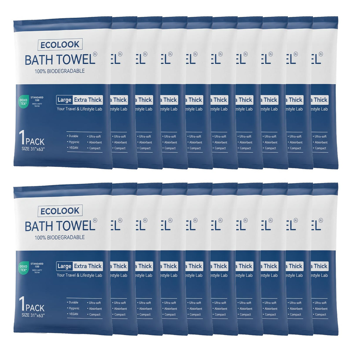 ecolook Disposable Bath Towels for Travel, 10-Pack Extra Large 31"x63" | 100GSM Plant Fiber, Dual Texture Soft & Quick-Drying Disposable Towels for Hotel Camping Beach Swimming Gym Sauna Spa