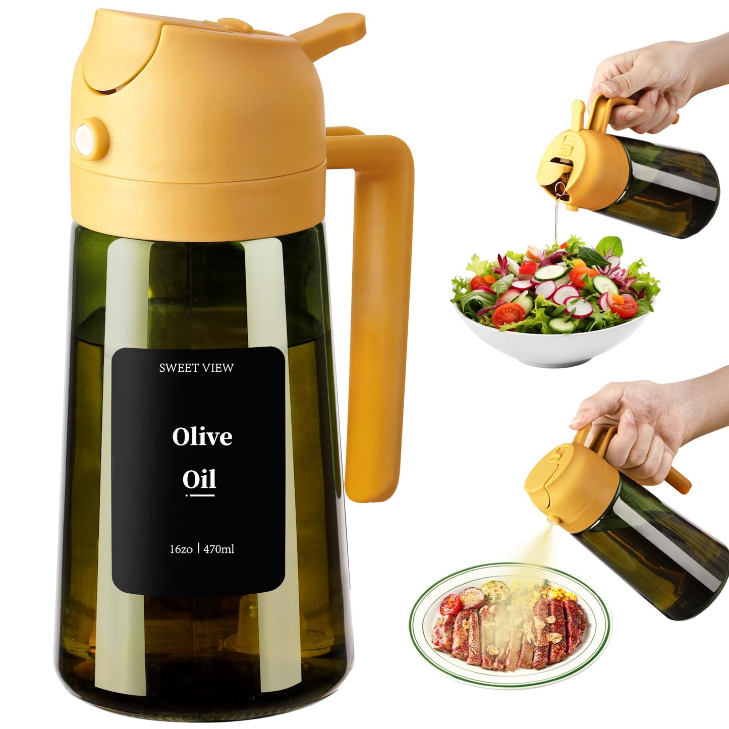 SWEET VIEW 2Pcs Olive Oil Spray Bottle 16oz/470ml | Glass Light-Proof Oil Pourer/Dispenser for Kitchen Air Fryer, Cooking, Salad, and BBQ, with Stickers