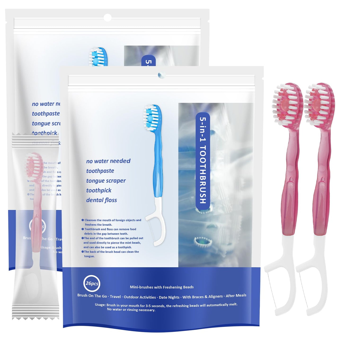 5 in 1 Mini Brushes-Disposable Toothbrushes with Toothpaste + Floss + Pick + Tongue Scraper | Travel Size | Individually Wrapped | Soft | Mint | Travel Set (Mint, 52pcs(2Pack))