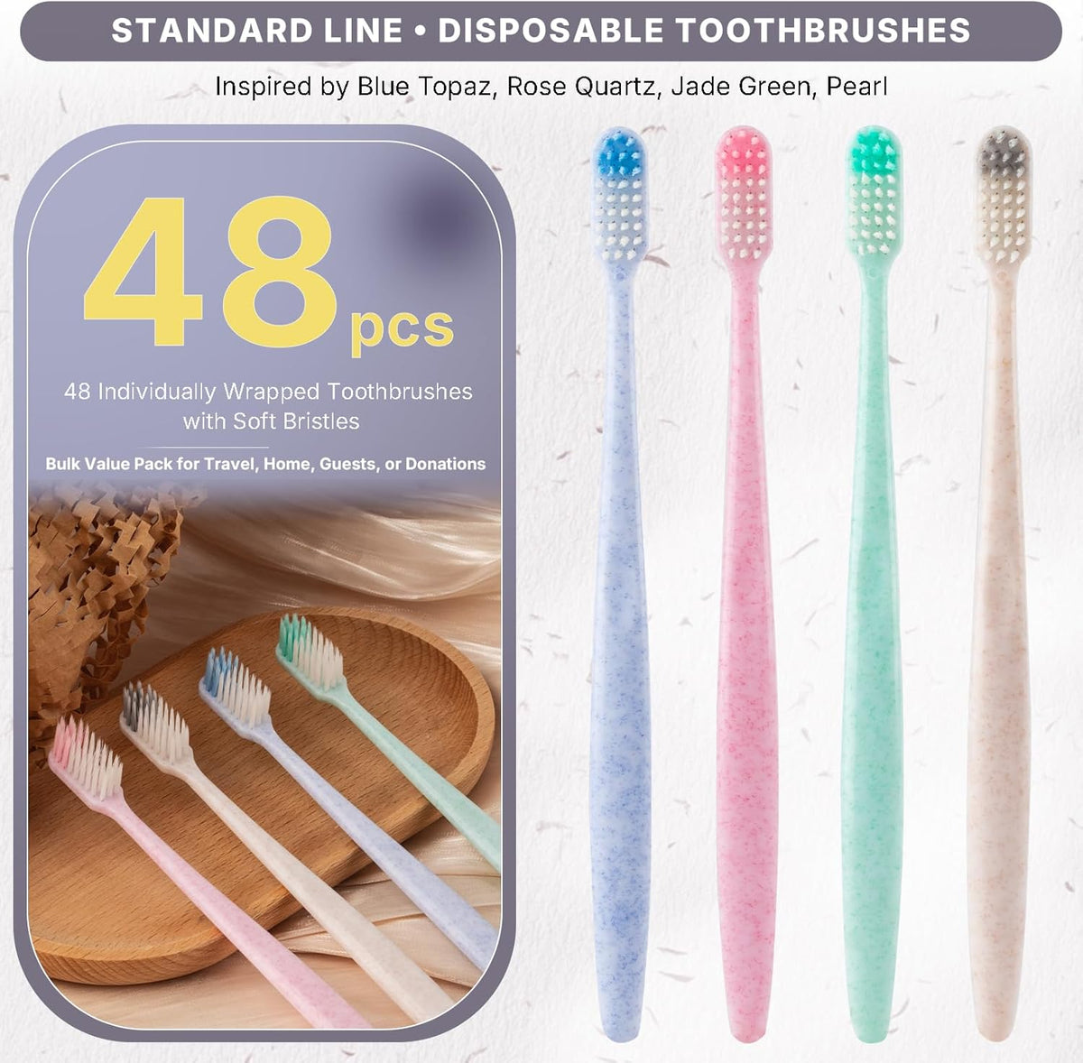 Bulk Disposable Toothbrushes, Individually Wrapped, 48 Count | Soft bristle toothbrushes, full-size handles, 4 colors; ideal for adults, kids, guests, hotels, travel, camping, hygiene kits