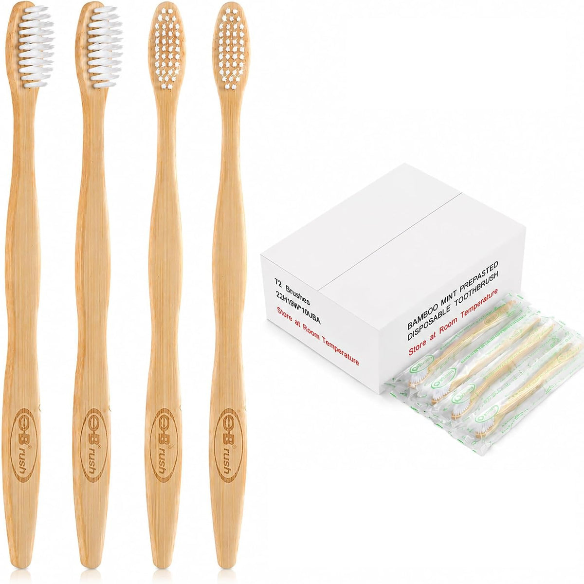 B Rush® 72Pack Bamboo Prepasted Toothbrush, Individually Wrapped Mini Travel Toothbrush with Pre-Pasted Mint Gel, Biodegradable Eco-Friendly Disposable Toothbrushes Travel Set for Adults & Kids