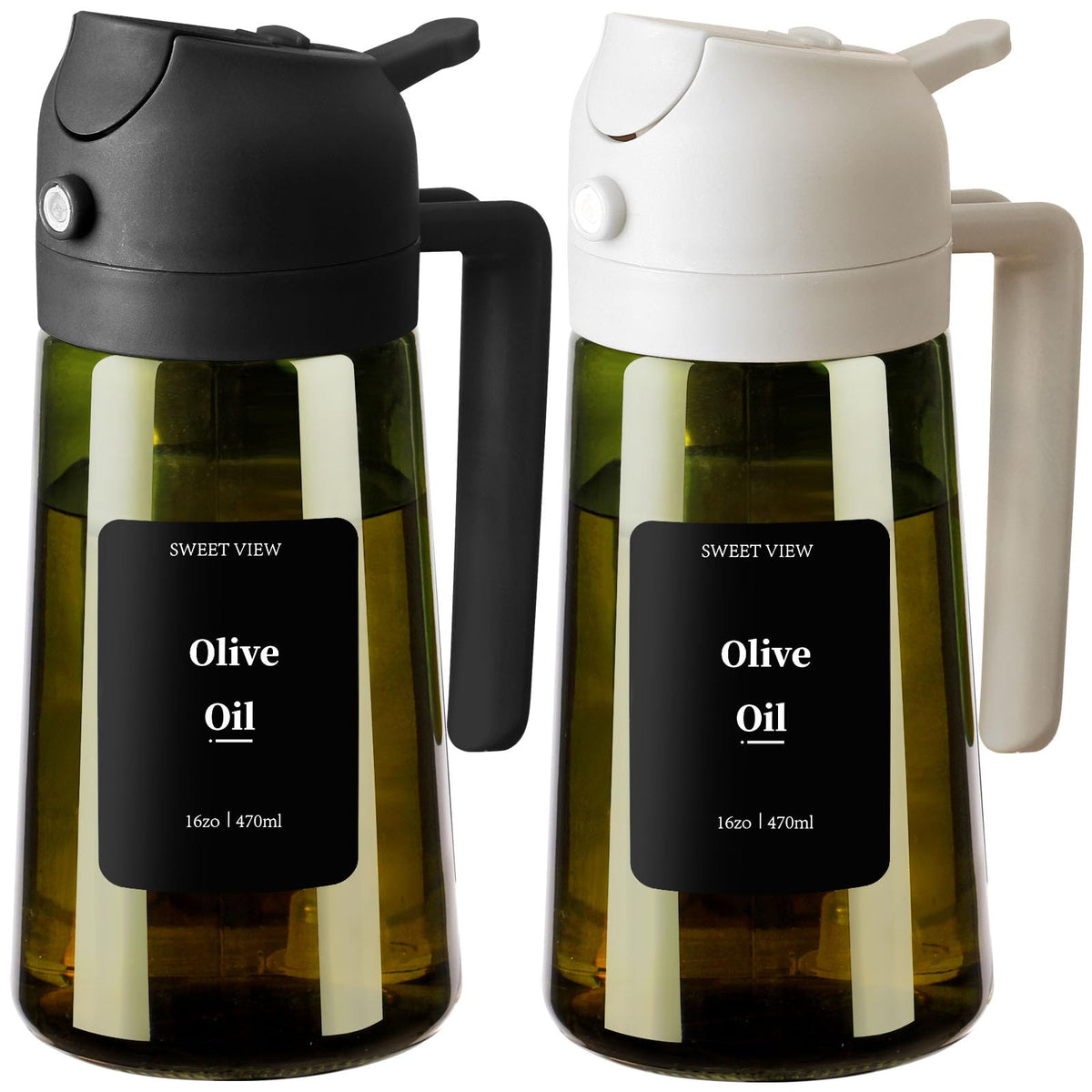 SWEET VIEW 2Pcs Olive Oil Spray Bottle 16oz/470ml | Glass Light-Proof Oil Pourer/Dispenser for Kitchen Air Fryer, Cooking, Salad, and BBQ, with Stickers
