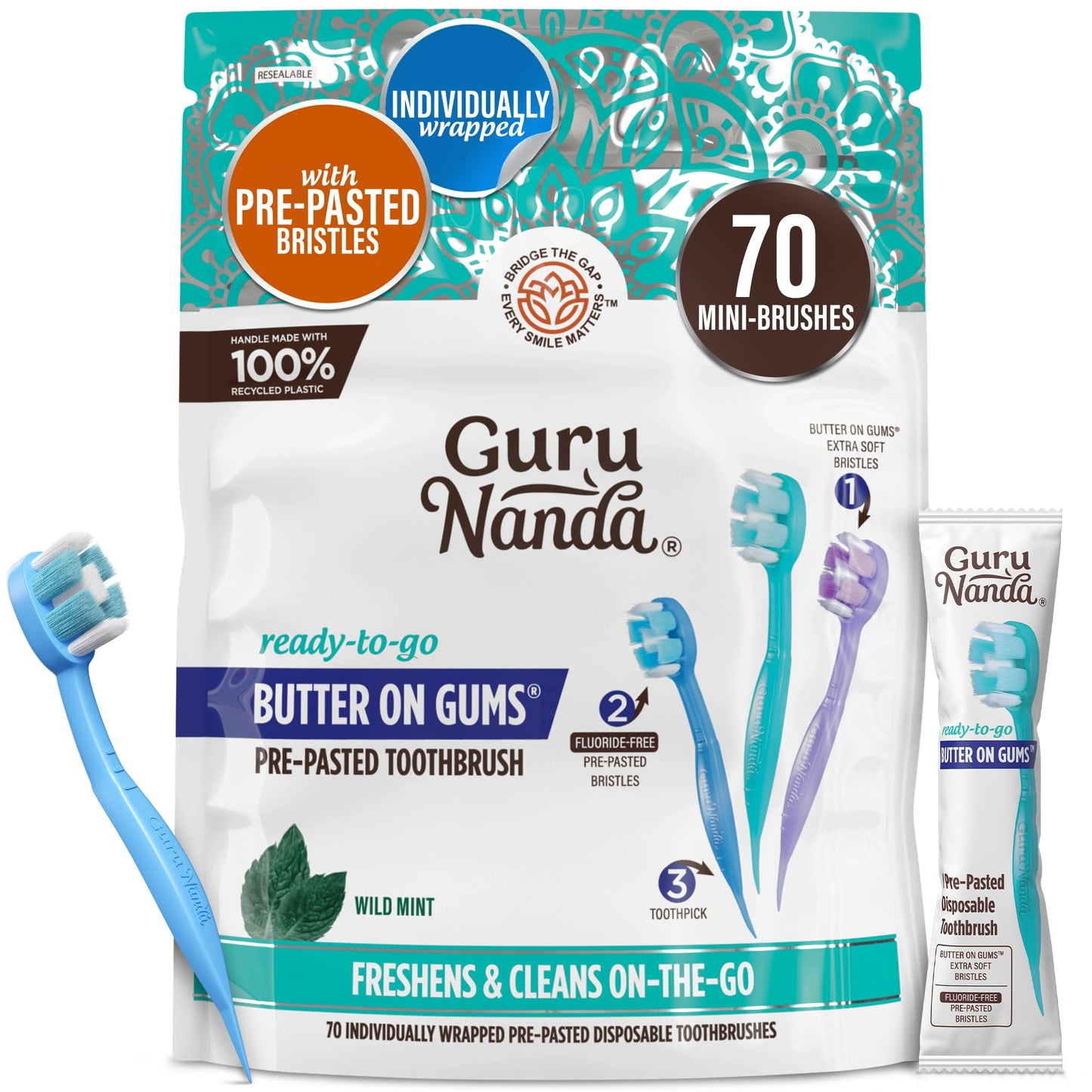 GuruNanda Disposable Travel Toothbrush 1.0, Fluoride Free Toothpaste, 70 ct | 2-In 1 Ready-To-Go Soft Bristle Toothbrushes with Toothpick|Individually Wrapped Travel Essentials|Made with Recycled Plastic