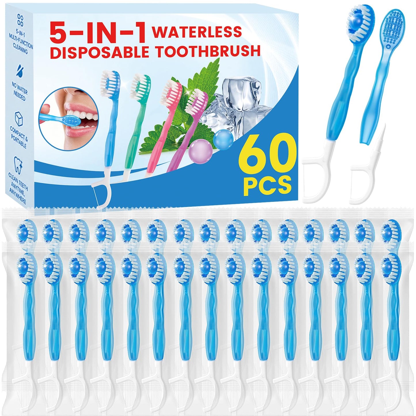 5 in 1 Disposable Travel Toothbrushes, Prepasted Mini On-the-Go Disposable Toothbrushes with Toothpaste Floss Pick Tongue Scraper, Individually Wrapped Travel Toothbrush Set(30PCS,Mint)