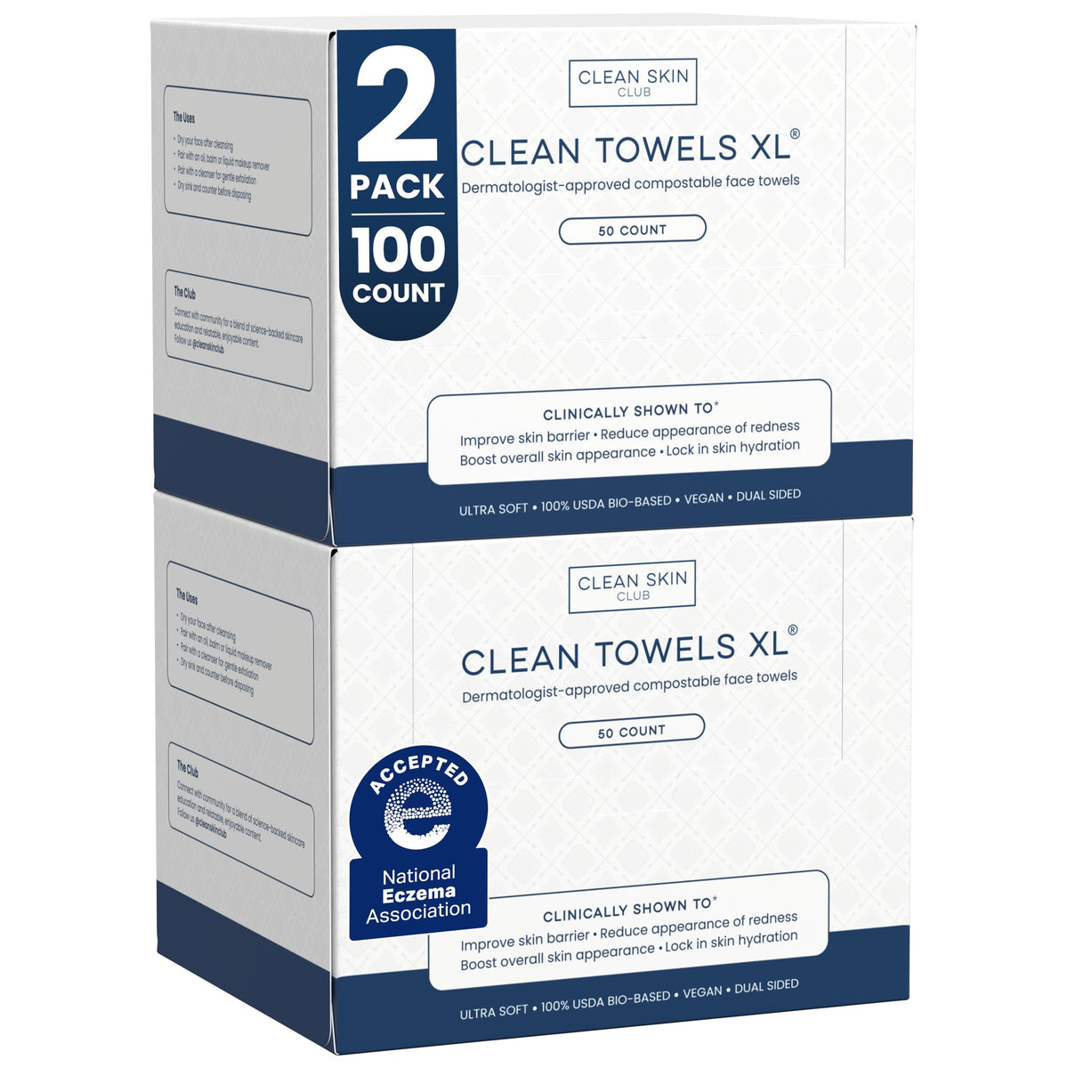 Clean Skin Club Clean Towels XL®, 100% USDA Biobased Face Towel, Disposable Face Towelette, Eczema Association Accepted, Makeup Remover Dry Wipes, Ultra Soft, 1 Pack, 50 Ct