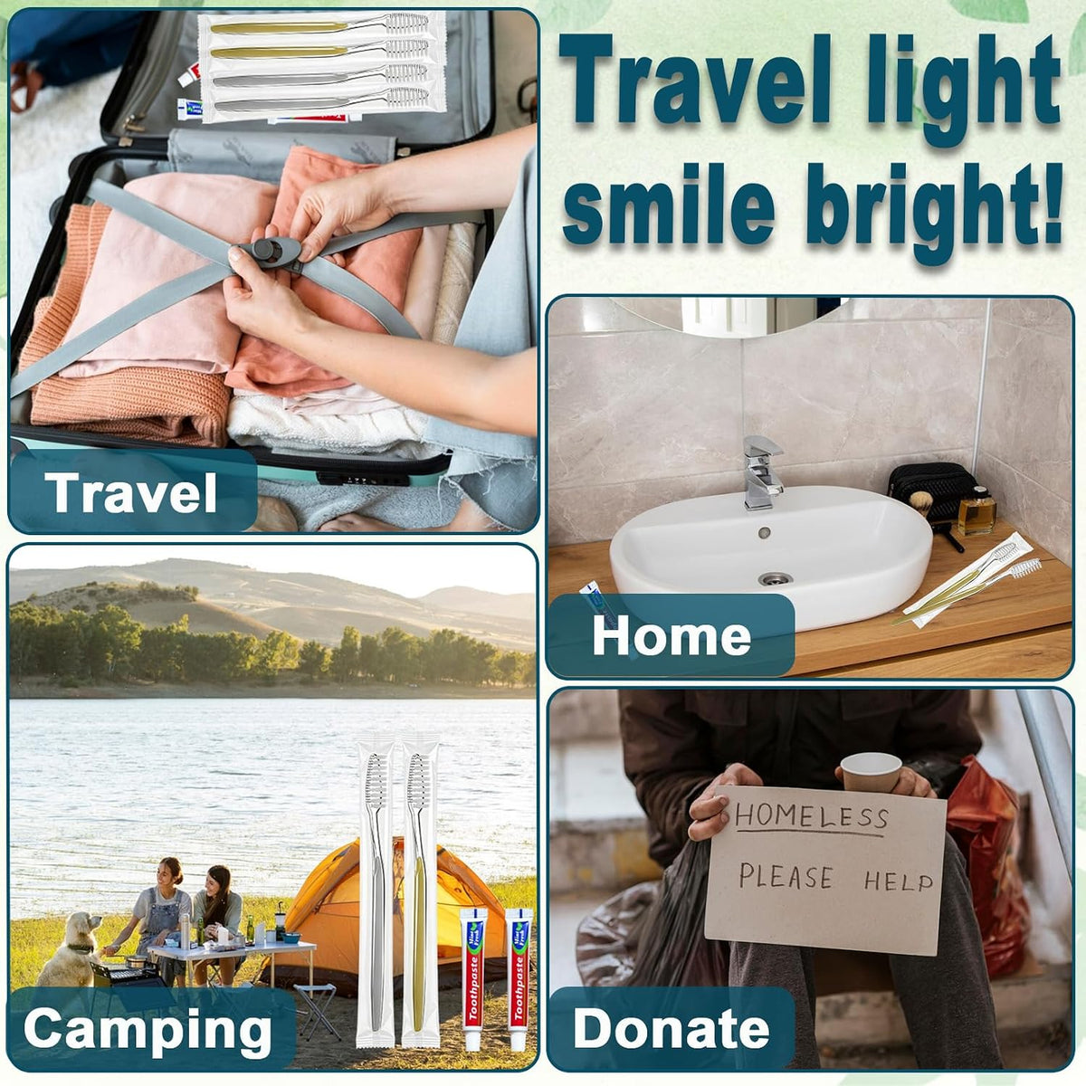 50 pcs Disposable Toothbrushes with Toothpaste, 2 Color Toothbrushes and Toothpaste 10g, Bulk for Homeless, Travel, Hotel,Charity