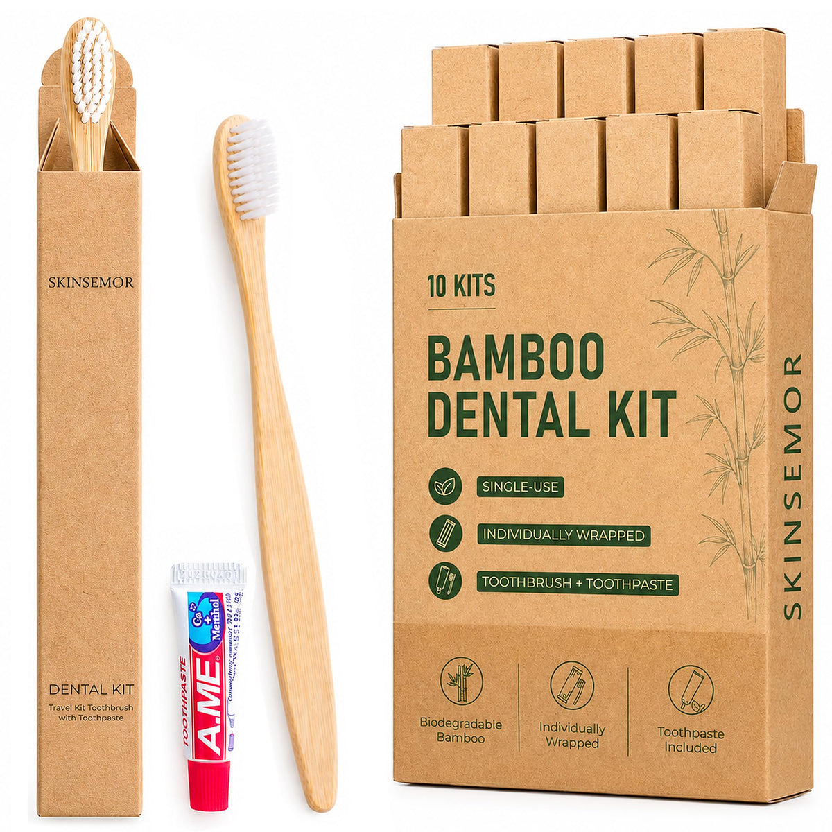 Disposable Travel Toothbrushes with Toothpaste, 10 Individually Wrapped Single Use Bamboo Toothbrush Kits for Trips, Camping, Overnight Stays, Guests and Home Backup