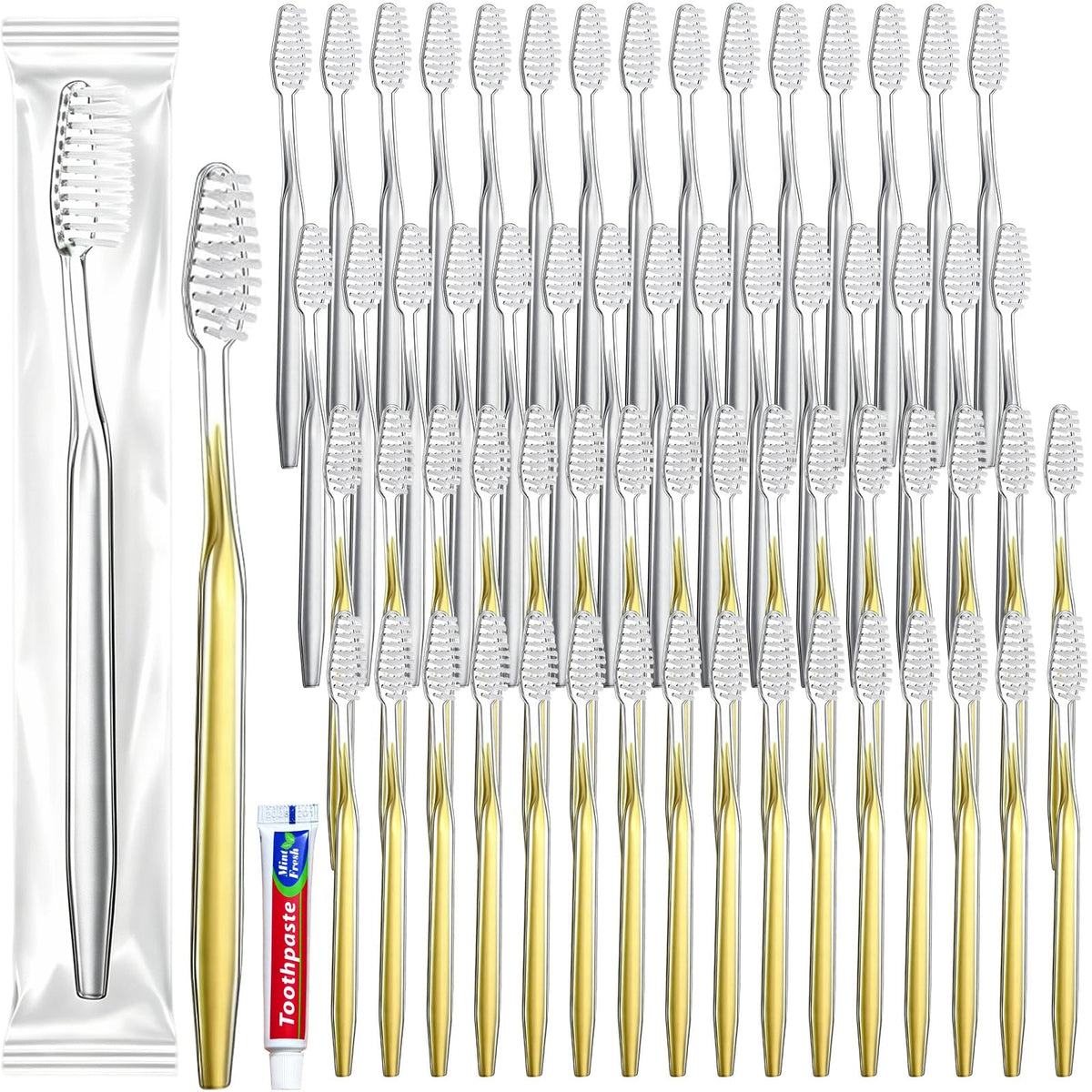 50 pcs Disposable Toothbrushes with Toothpaste, 2 Color Toothbrushes and Toothpaste 10g, Bulk for Homeless, Travel, Hotel,Charity