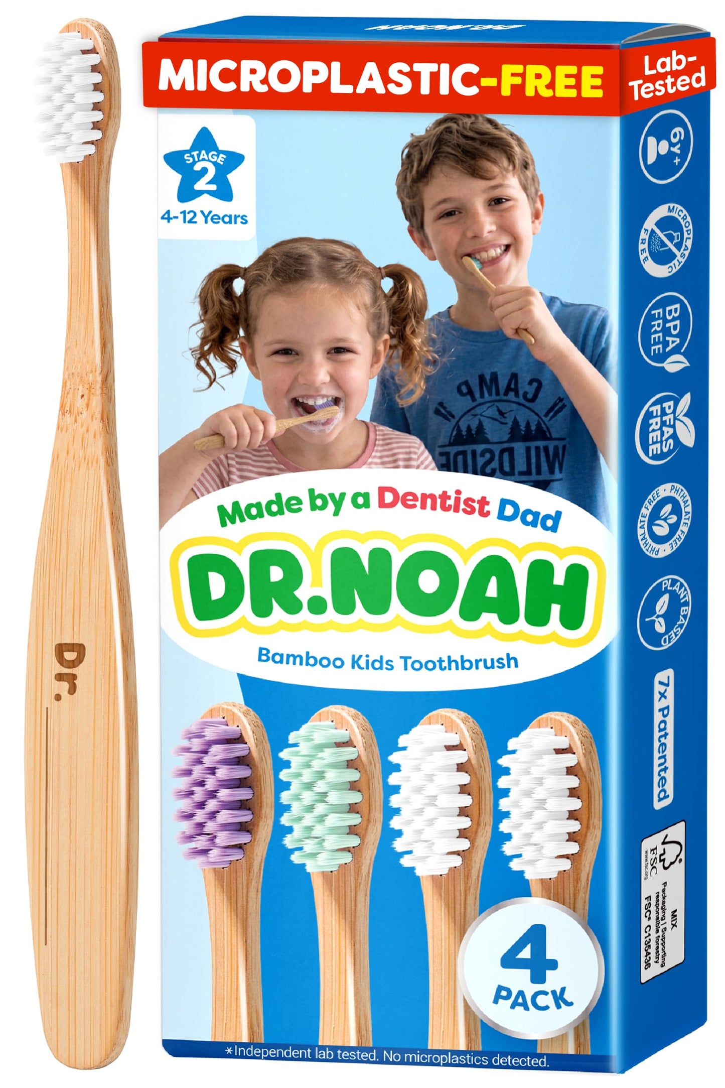 Dr. Noah Microplastic-Free Bamboo Kids Toothbrush, Dentist Designed, Age 4+ | 656 Substances Safety Tested | BPA, PFAS & Phthalate Free | Extra Soft Bristles | 4 pack set, Travel Kit, 4+ year old