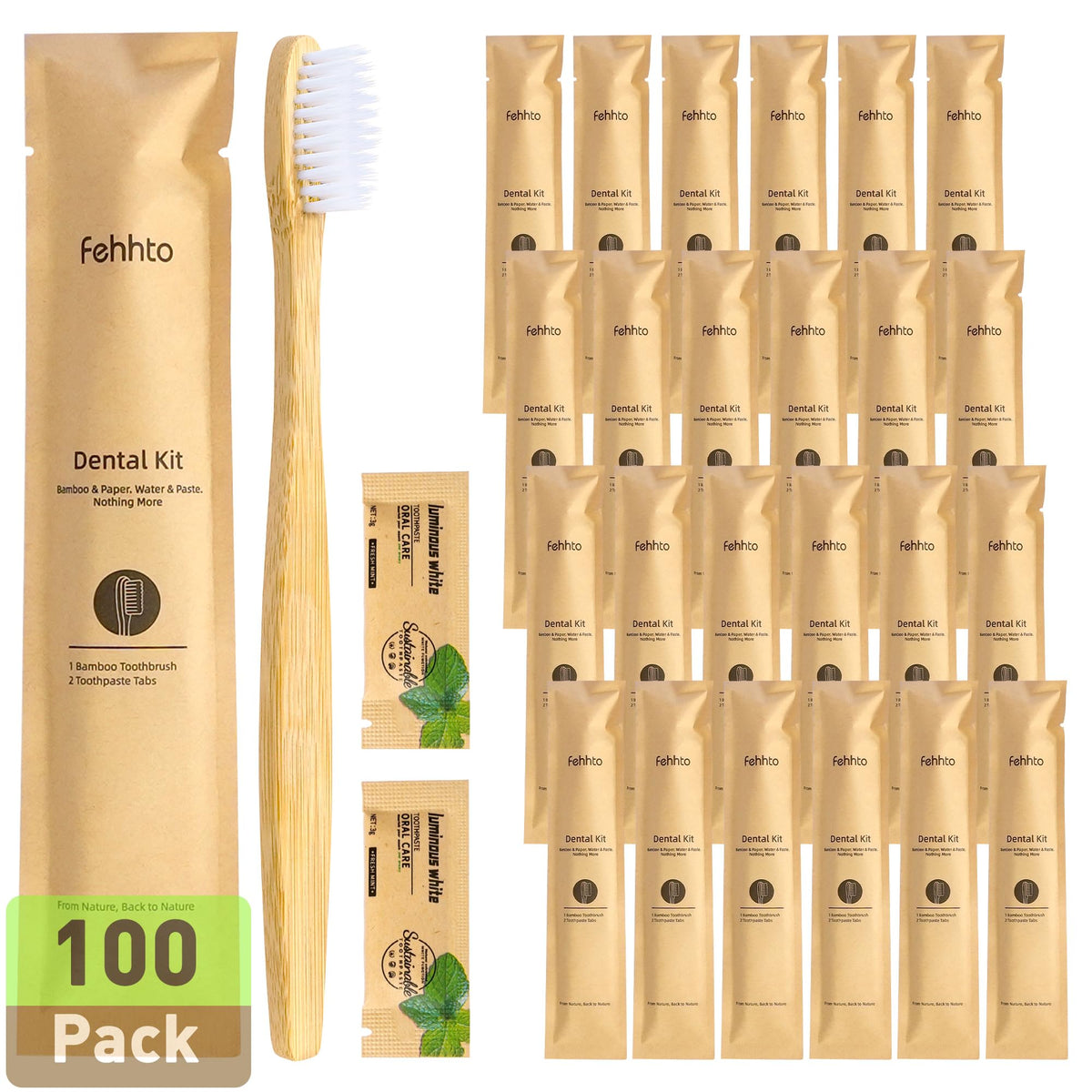 100 Pack Bamboo Toothbrushes with Toothpaste 6g Individually Wrapped | Disposable Travel Toothbrushes Kit, Guest Dental Kit for Hotel Amenities, Airbnb Hosts, Travel & Camping