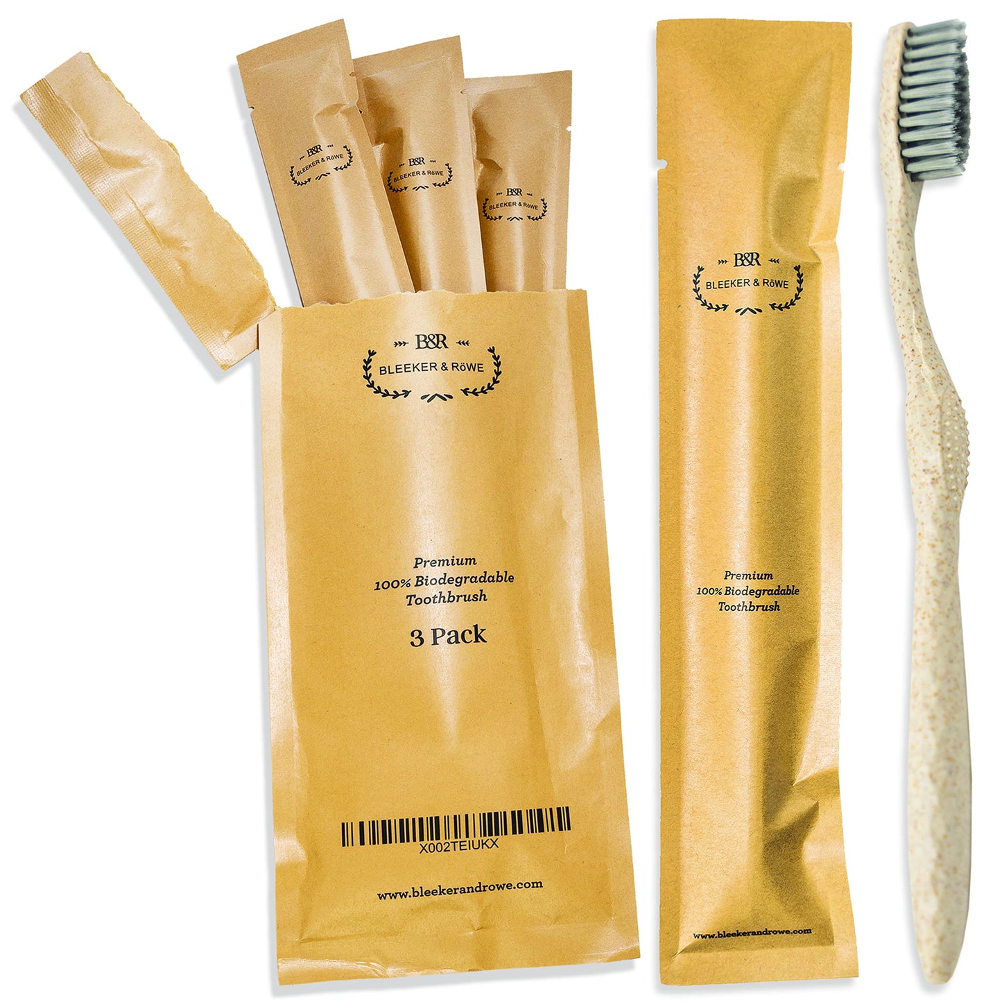 Bleeker and Rowe Biodegradable Eco-Friendly Toothbrushes - Individually Sealed - BPA Free Soft Bristles - Sustainable - Recycled Packaging (Pack of 10)