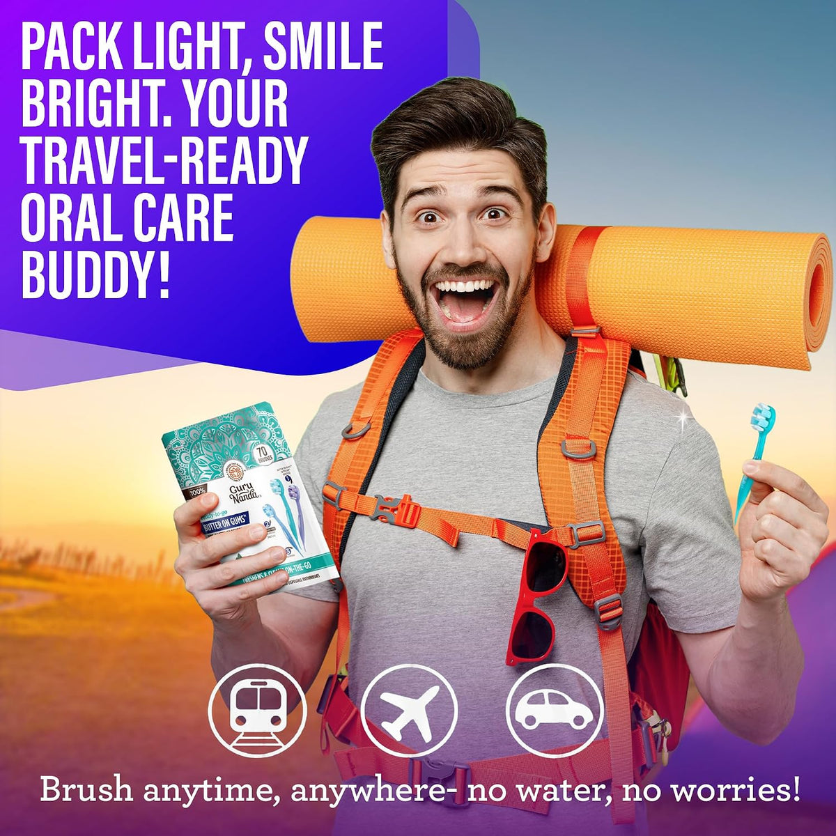 GuruNanda Disposable Travel Toothbrush 1.0, Fluoride Free Toothpaste, 70 ct | 2-In 1 Ready-To-Go Soft Bristle Toothbrushes with Toothpick|Individually Wrapped Travel Essentials|Made with Recycled Plastic