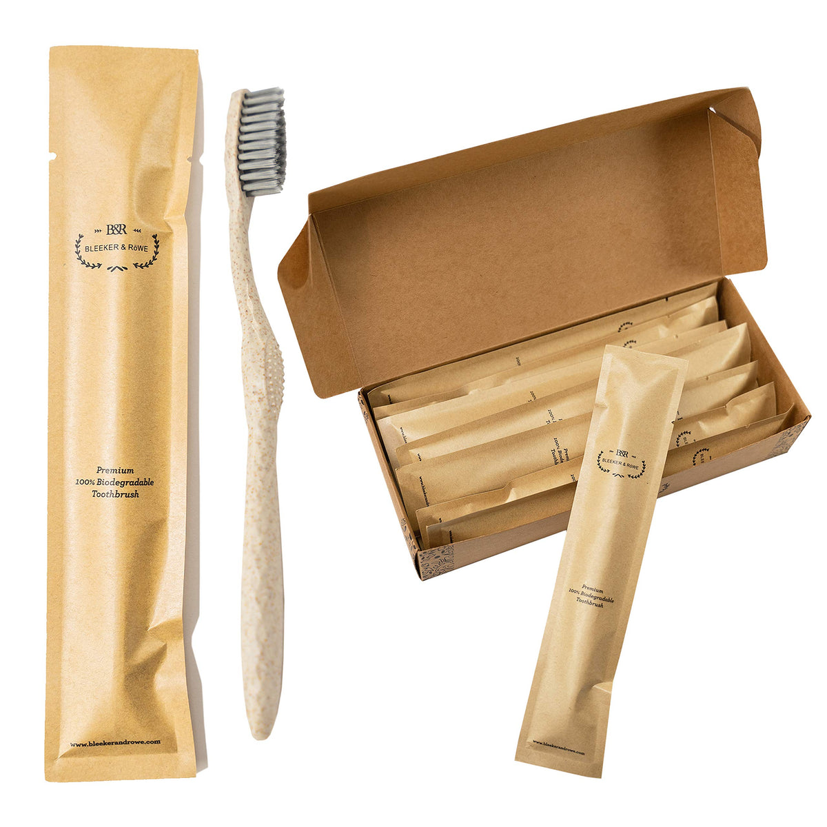 Bleeker and Rowe Biodegradable Eco-Friendly Toothbrushes - Individually Sealed - BPA Free Soft Bristles - Sustainable - Recycled Packaging (Pack of 10)