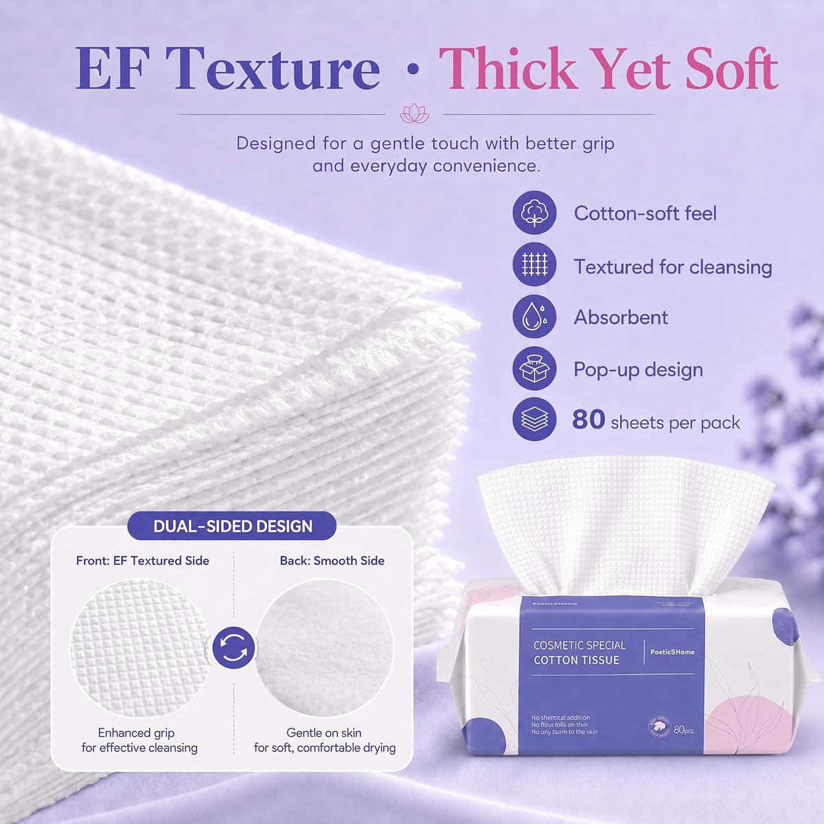 PoeticEHome Disposable Face Towels, Thick Yet Soft Cotton Dry Wipes, 1 Pack | 80-Count Facial Towels for Daily Cleansing, Face Washing and Makeup Removal; Absorbent, Lint-Free, Unscented