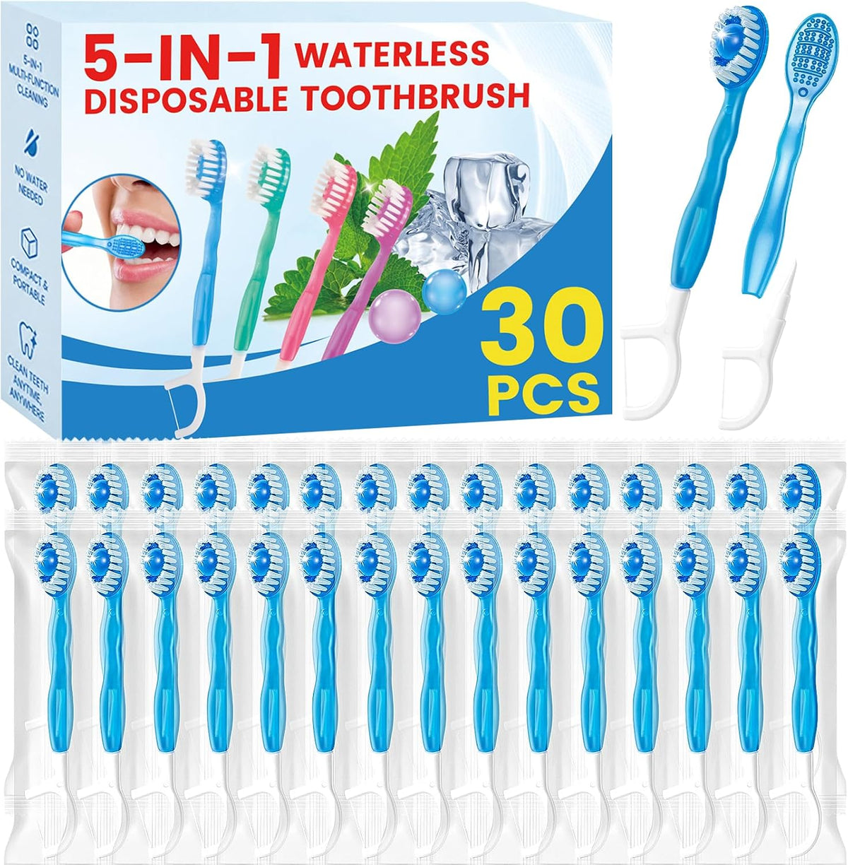 5 in 1 Disposable Travel Toothbrushes, Prepasted Mini On-the-Go Disposable Toothbrushes with Toothpaste Floss Pick Tongue Scraper, Individually Wrapped Travel Toothbrush Set(30PCS,Mint)