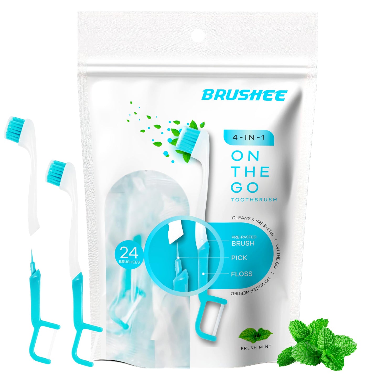 Brushee Disposable Travel Toothbrush, Fresh Mint Prepasted 4-in-1, 24-Pack | Built-In Paste, Brush, Floss & Pick; Soft Bristles, Individually Wrapped; Great for Braces & Aligners; Choking Hazard Under 3